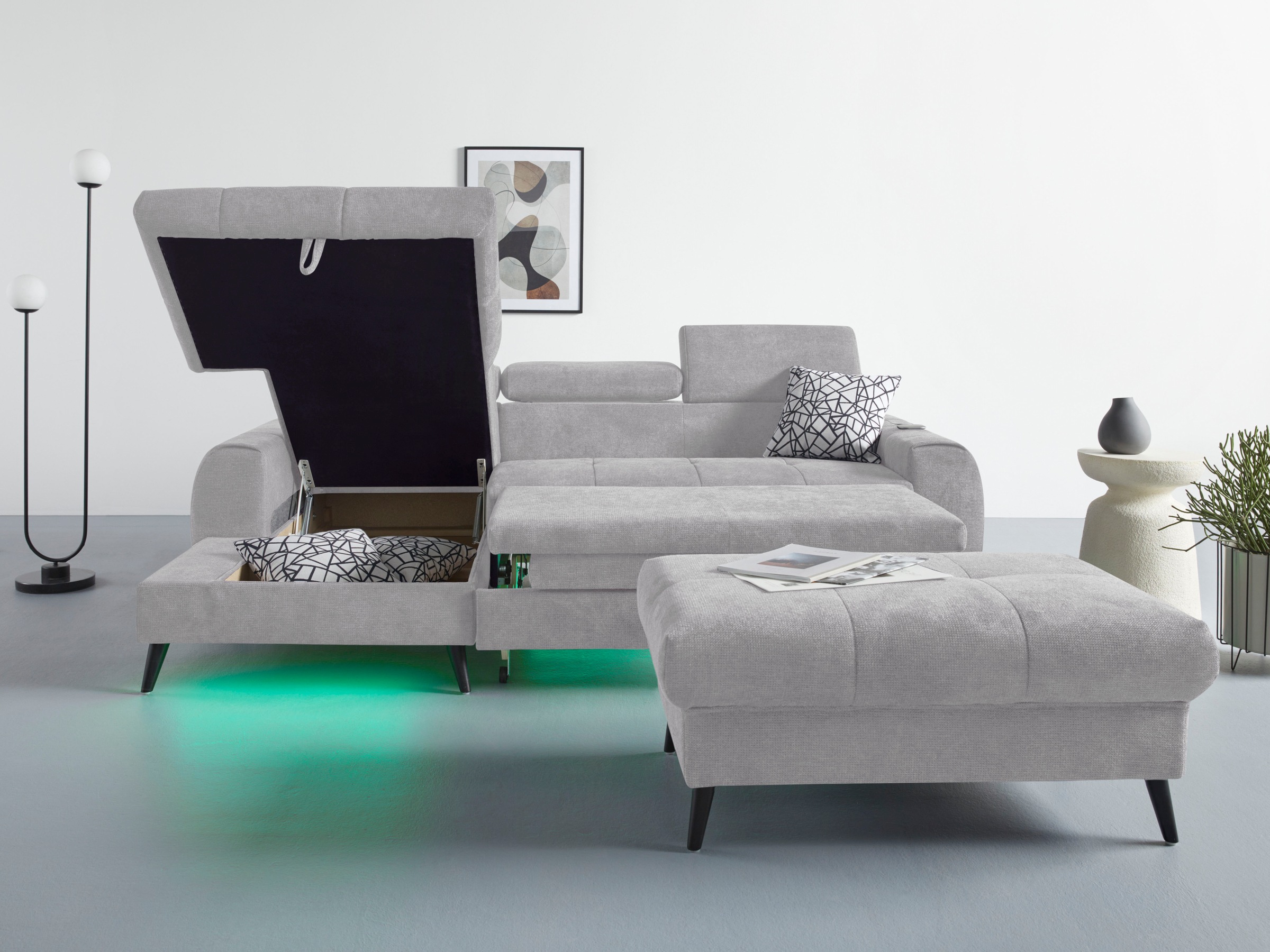 COTTA Ecksofa »Mia L-Form mit 3 Zierkissen«, wahlweise mit Bettfunktion, Bettkasten, Beleuchtung & Wireless-Charger