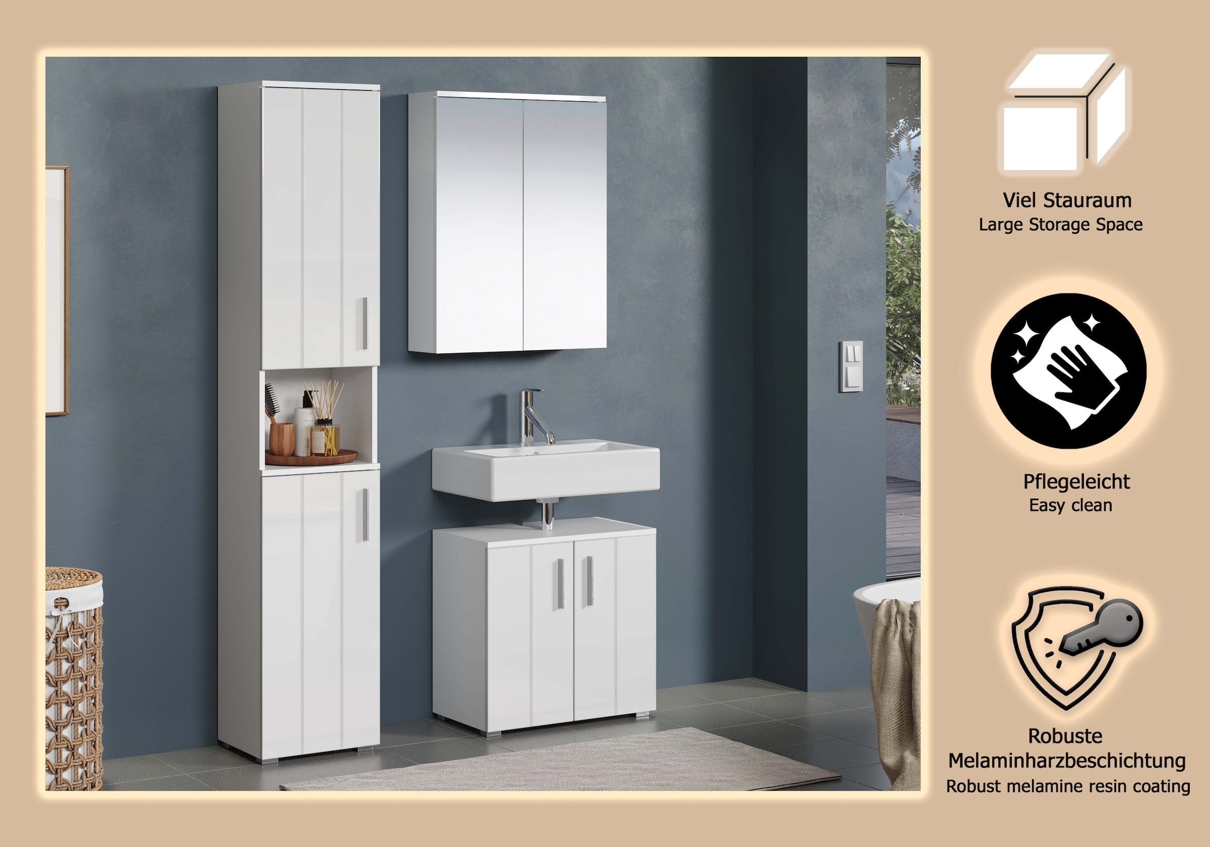 welltime Badezimmer-Set »Prag«, (Set, 3 St.), Hochschrank, Waschtisch und Spiegelschrank mit vertikalen Fräsungen