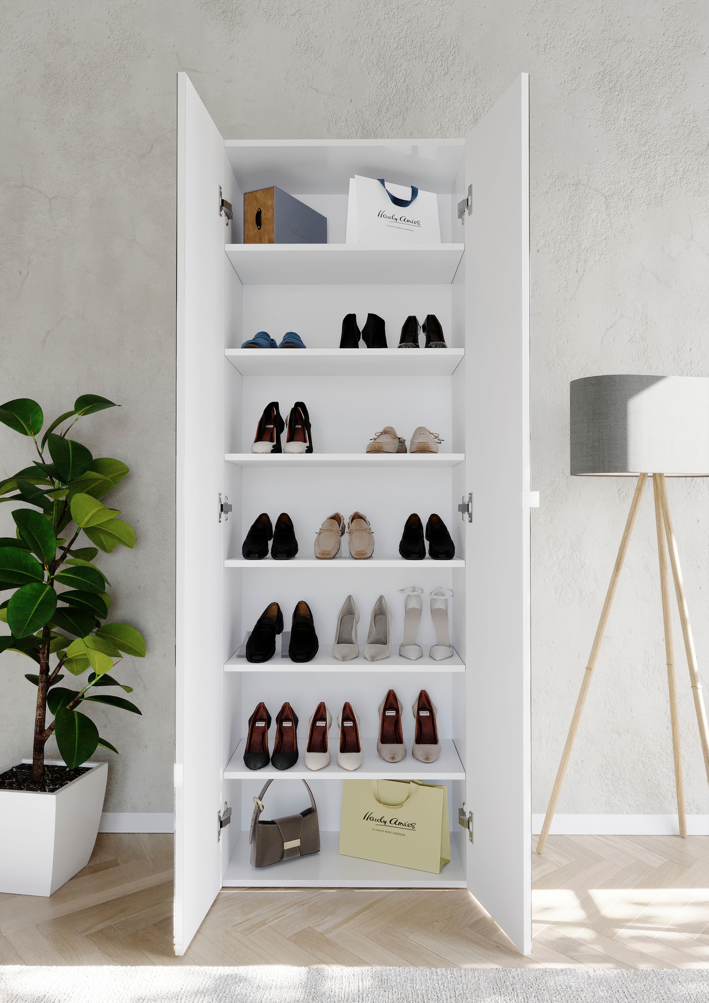 INOSIGN Schuhschrank »SMILE Höhe 184 cm, Weiß Hochglanz lackiert mit 2 Spiegeltüren,«, Schuhregal mit 7 Ebenen, Metallgriff, viel Stauraum, 4 Böden variabel