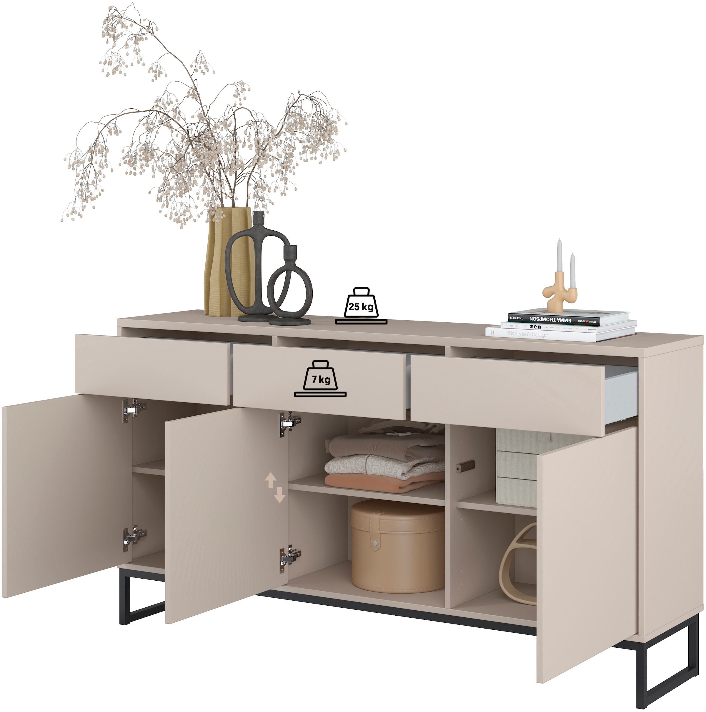 Home affaire Sideboard »Alto, Breite 157 cm, grifflose Kommode 3 Türen/3 Schubkästen.« Schubladenschrank mit viel Stauraum, Einlegeböden verstellbar
