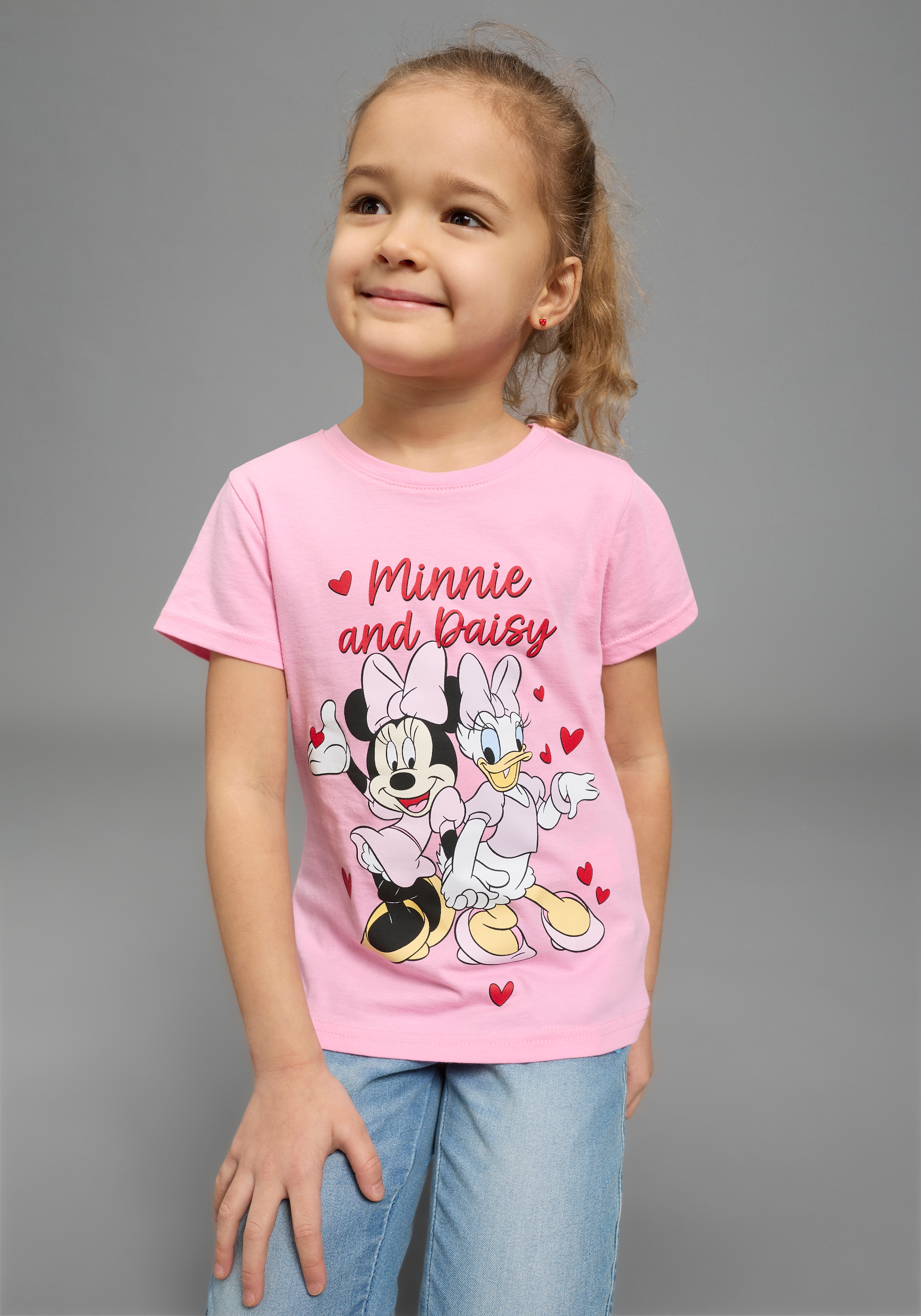 T-Shirt KIDSWORLD "MINNIE & DAISY - Disney Shirt", Mädchen, Gr. 104/110, pink, Single Jersey, Obermaterial: 100% Baumwolle, bedruckt, Basic normal, Rundhals, abgesteppte Kante, Shirts T-Shirt, modischer Stil, Kurzarm, auch in großen Größen, aus Baumwolle