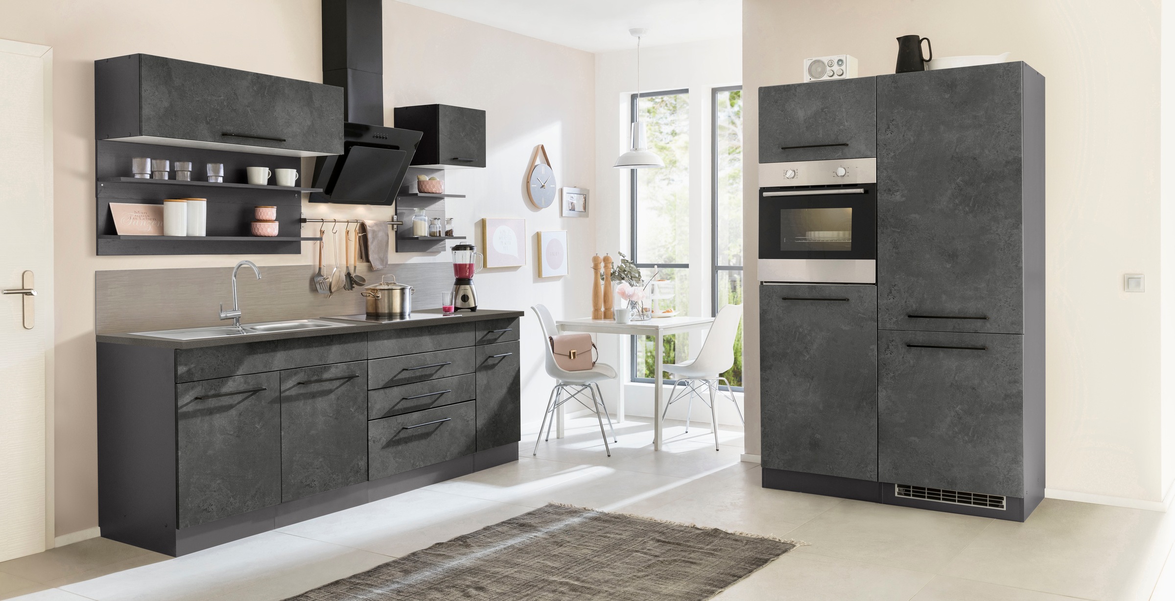 KOCHSTATION Küchenzeile »KS-Tulsa«, mit E-Geräten, Breite 350 cm, schwarze Metallgriffe, MDF Fronten