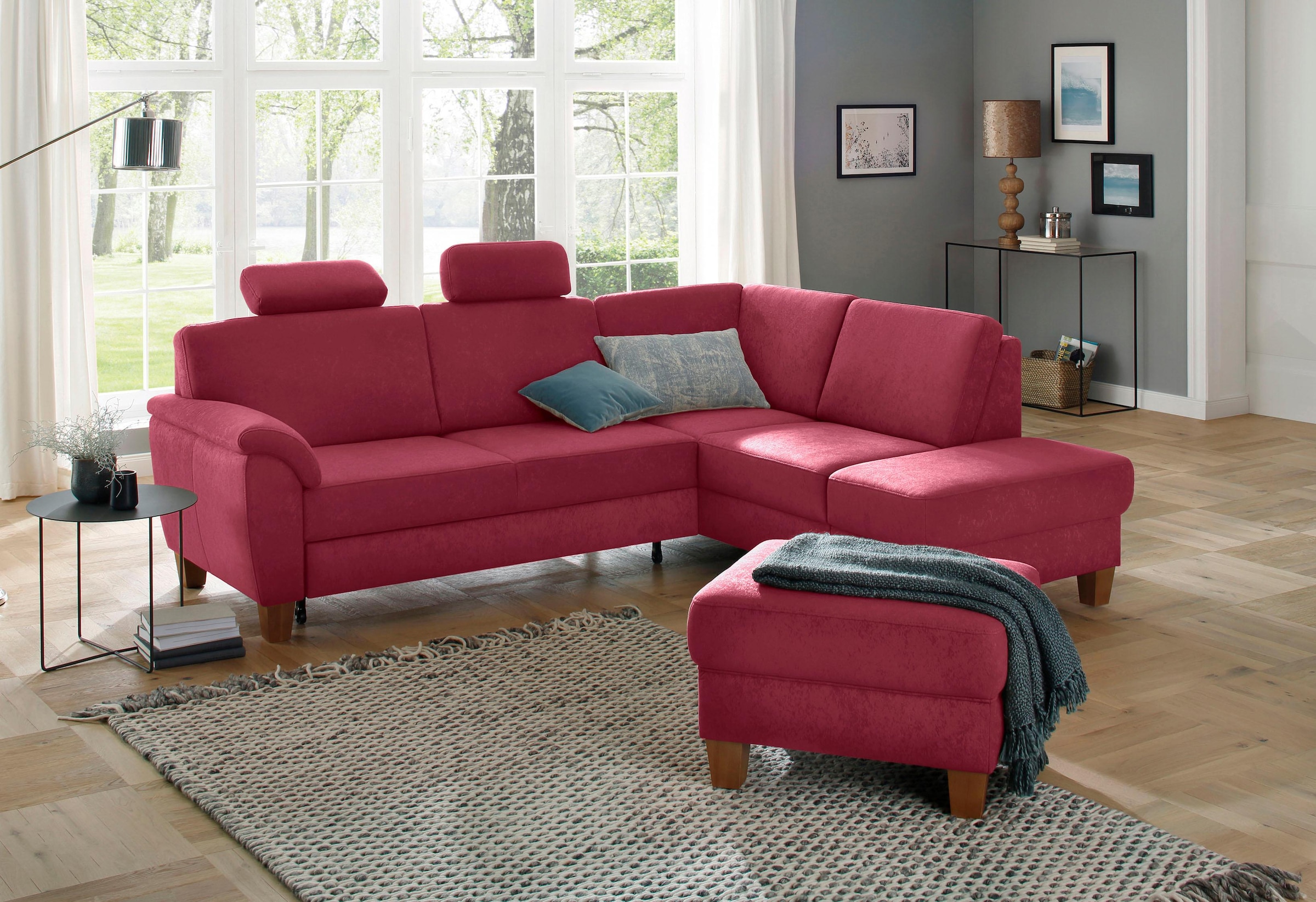OTTO home Ecksofa "Alta L-Form" mit Federkern und Kontrastnaht, Füße Buche eichefarben