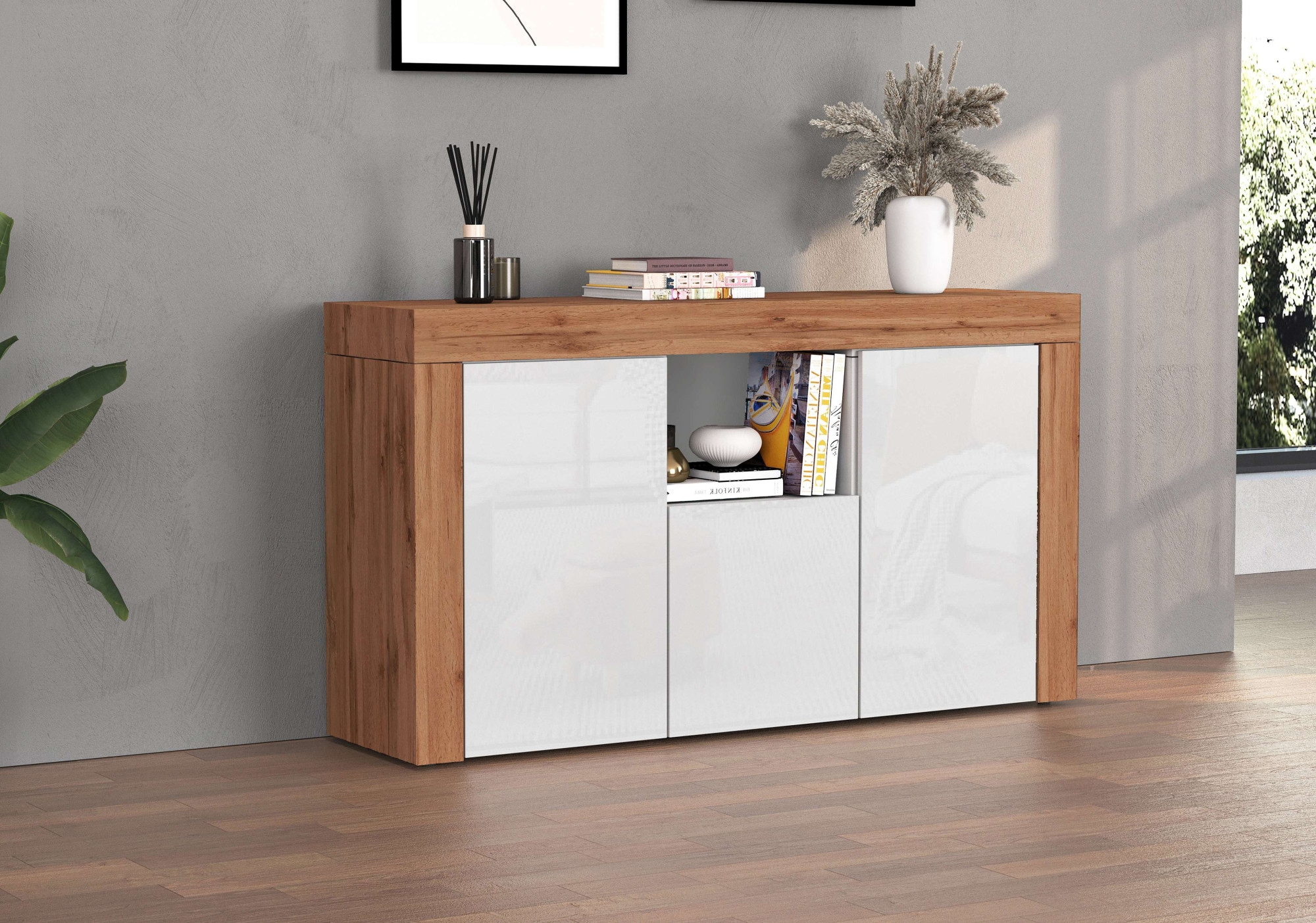INOSIGN Sideboard »CHRONOS Breite 155 cm mit 3 Türen, 1 offenes und 6 geschlossene Fächer«, (1 St.), Sideboard,Kommode, Schrank, Grifflos mit Push to Open, Made in Italy