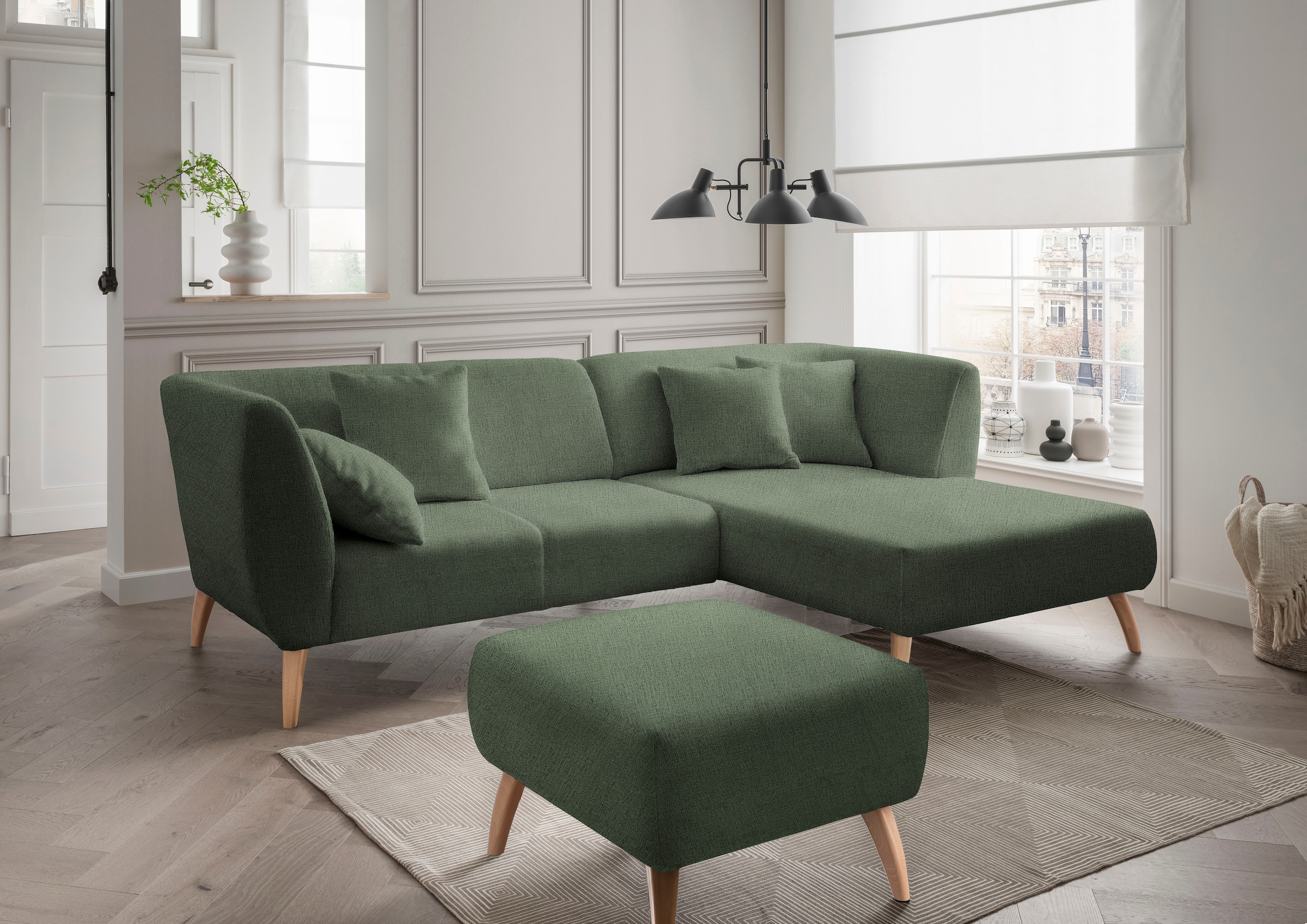 Home affaire Ecksofa "Lazio modern und bequem, schmale Armlehnen, tolle Detailverarbeitung" Holzfußfarbe wählbar, inkl. 4x Zierkissen