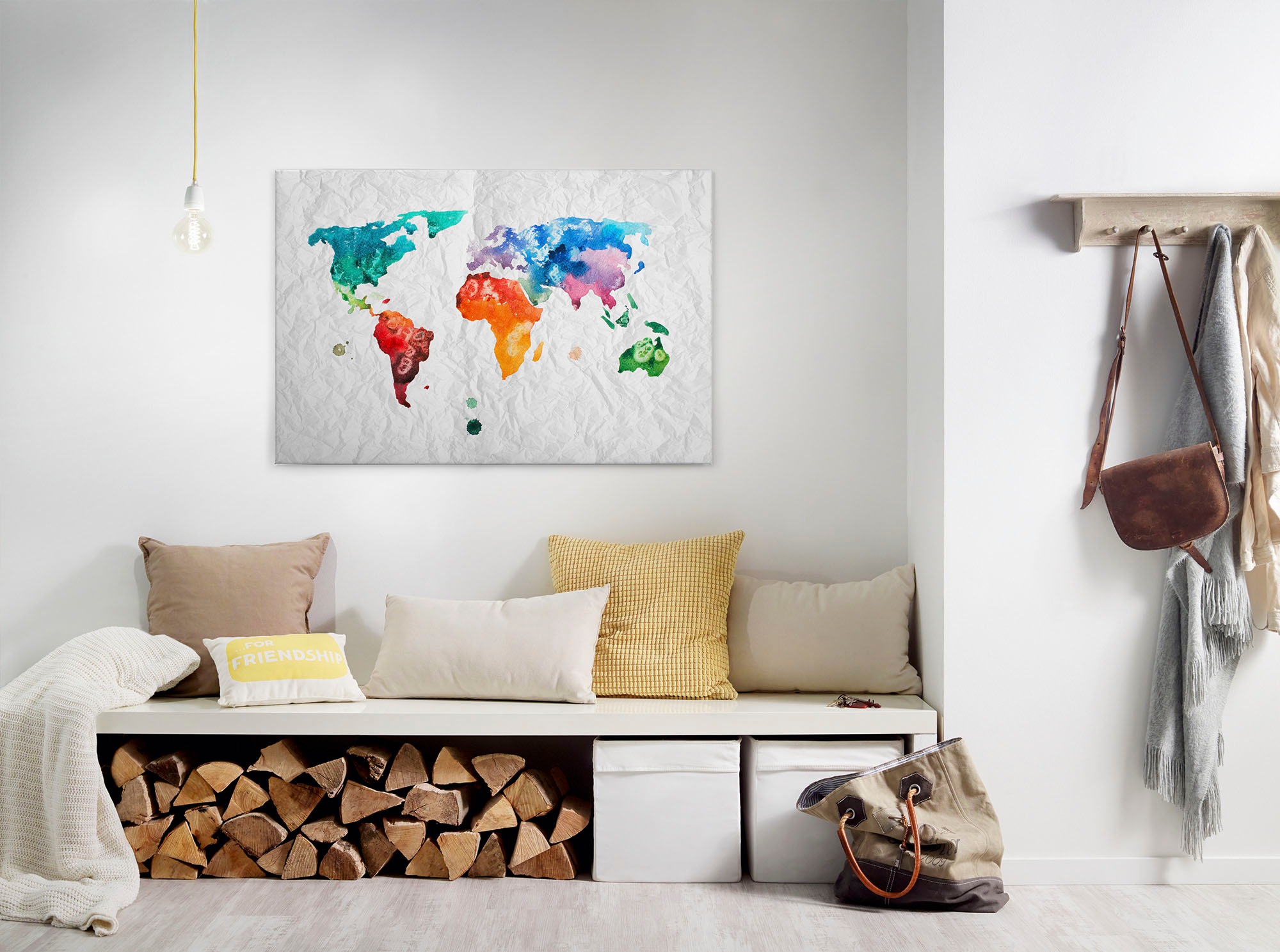 A.S. Création Leinwandbild »Colourful World«, Kunst-Weltkarte-Kinder, (1 St.), Atlas Weltkarte Bunt Aquarell Keilrahmen Leinwand-Bild Wohnzimmer Wand