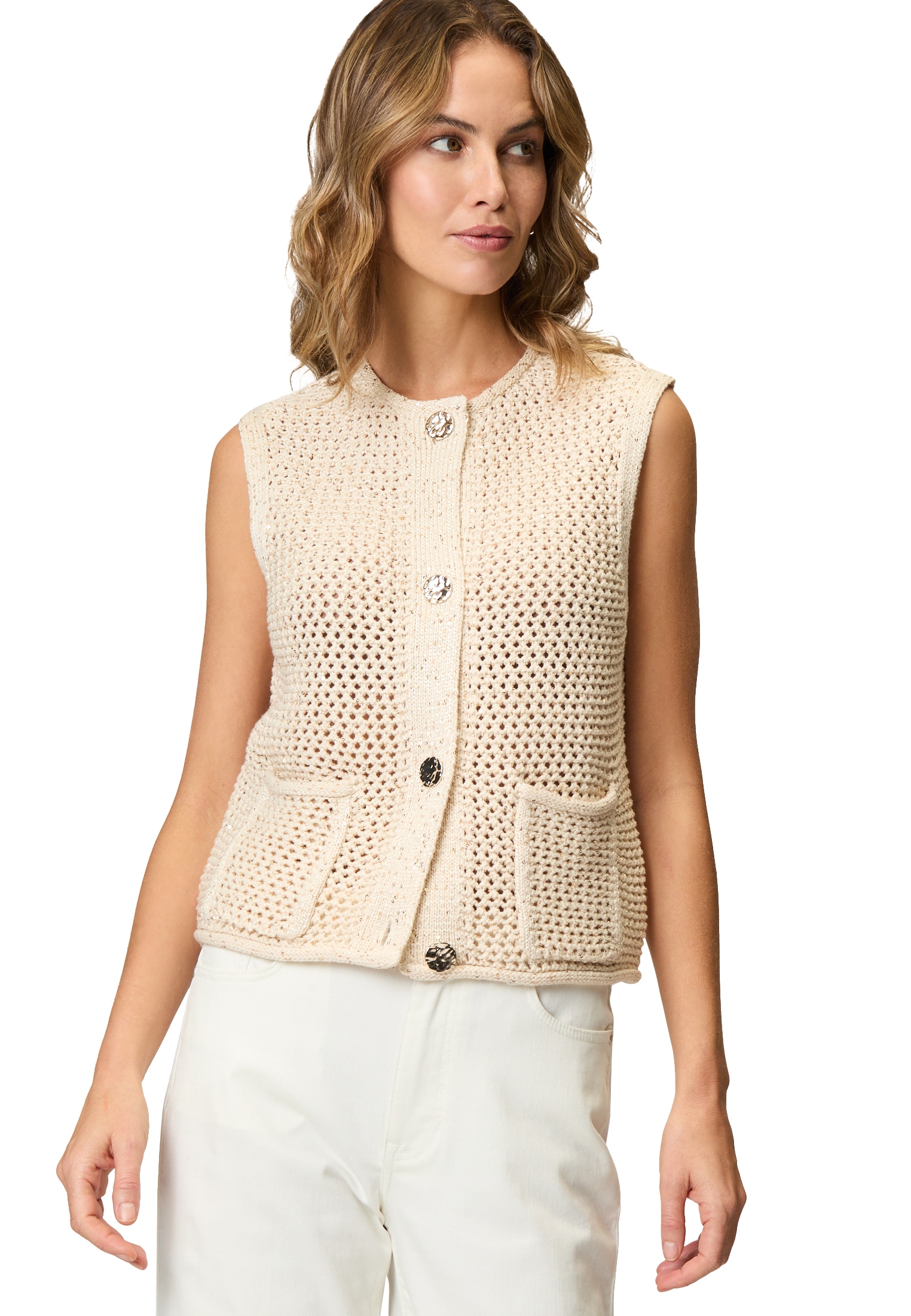 Zero Strickpullover »zero Strickweste mit Glitzer«, (1 tlg.), Knopfleiste