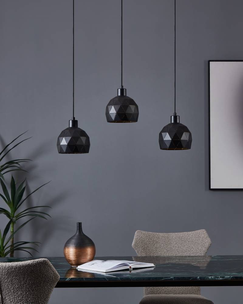 EGLO Hängeleuchte »ROCCAFORTE Pendellampe, Stahl, E27, IP20, Esszimmerlampe, Hängelampe«, 3 flammig, Leuchtmittel E14 | ohne Leuchtmittel, Hängeleuchte - L75 x B17 x H110 cm - schwarz, gold - 3X40W exkl.