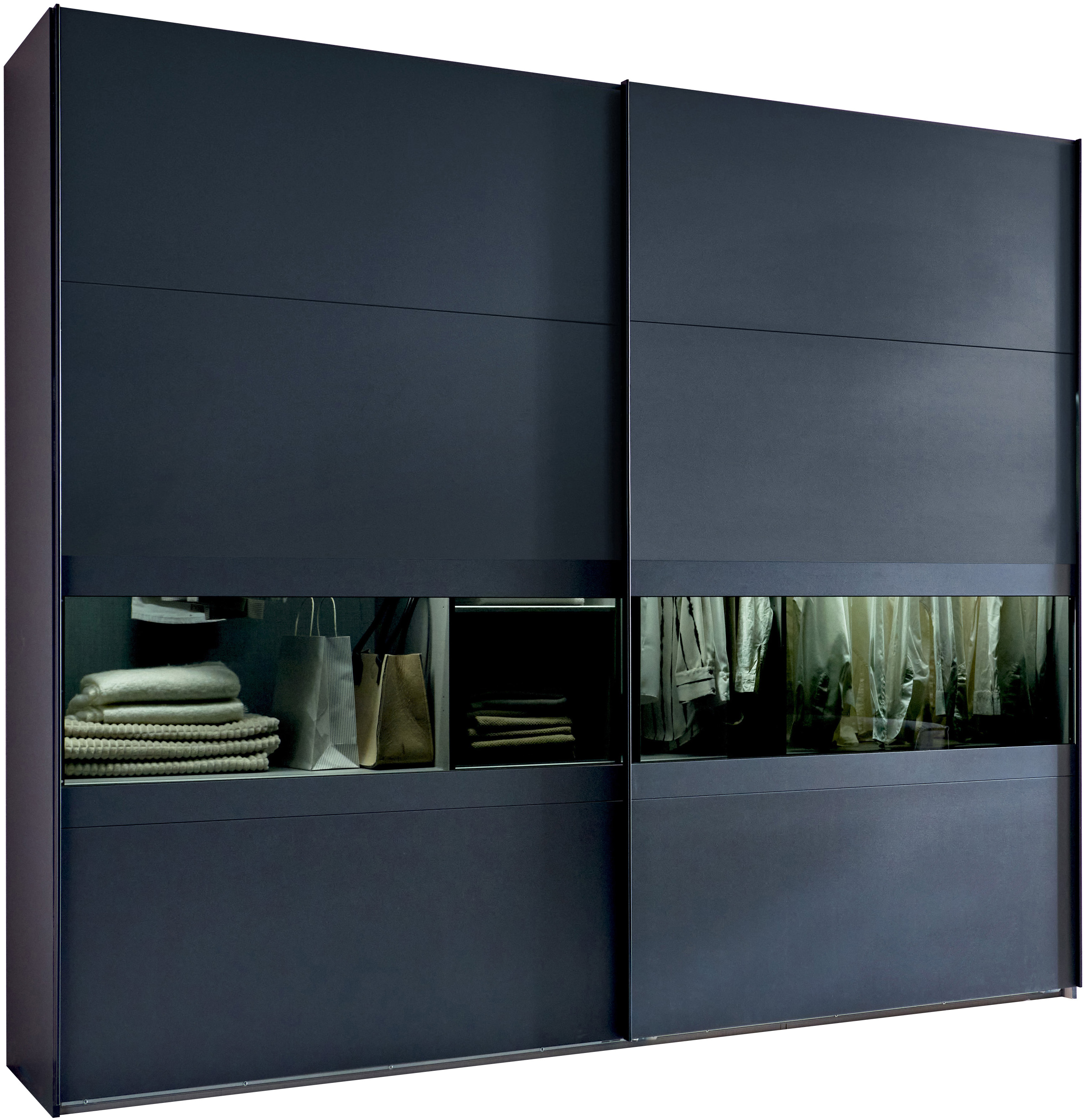 Wimex Schwebetürenschrank "Easy Plus, Kleiderschrank Made in Germany" mit Glaseinsatz/ Rauchglas, viele Breiten zur Auswahl, schwarze Griffe