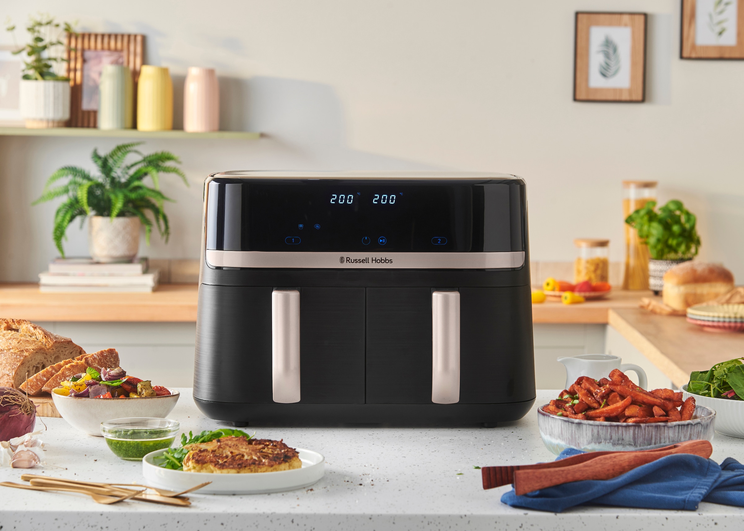 RUSSELL HOBBS Heißluftfritteuse »27680-56 s SatisFryTM Dual basket, 4,5L«, 2800 W, Fassungsvermögen 9 l, Airfryer–wenig oder kein Öl erforderlich, 9 Programme, 4,5 L