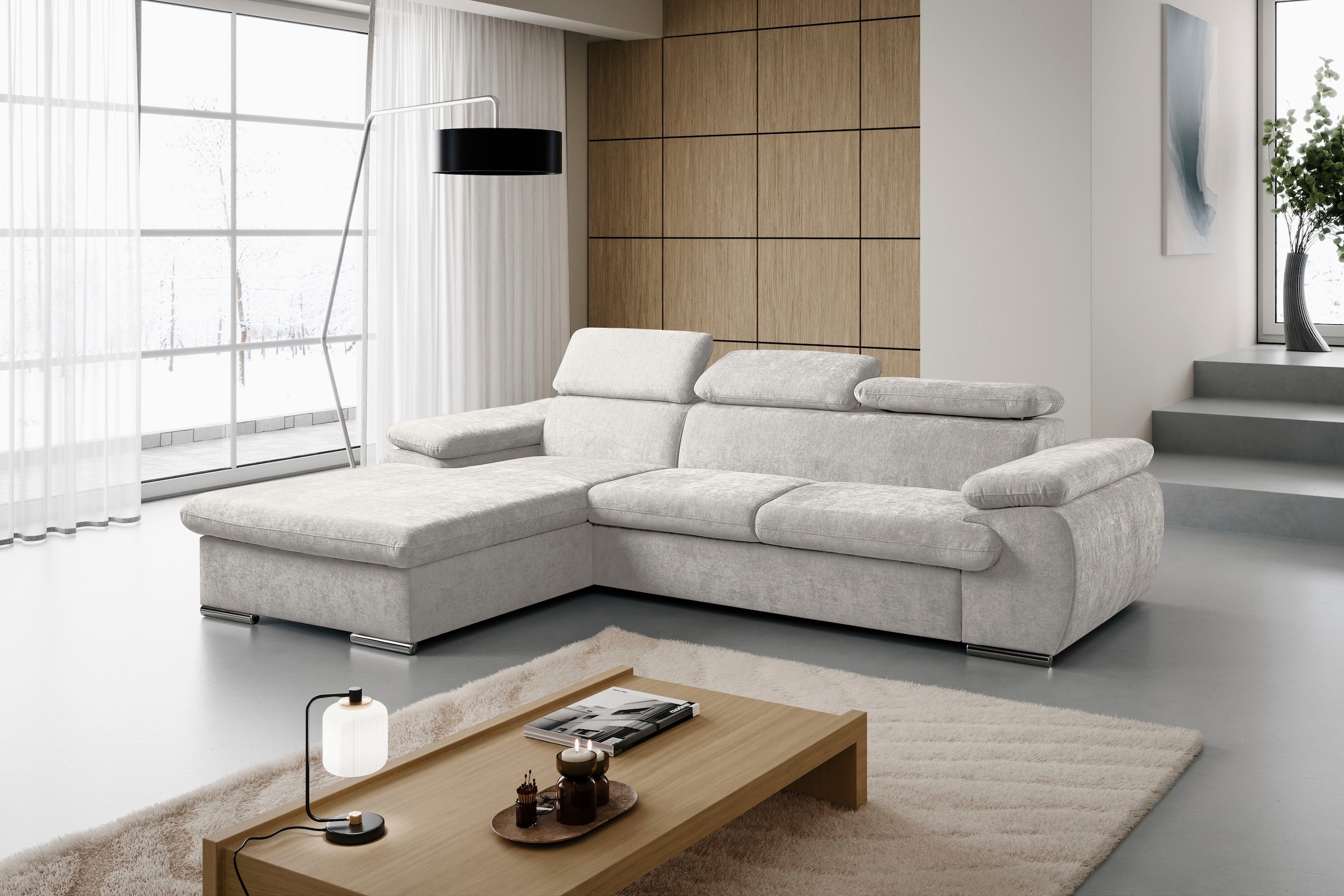 WERK2 Ecksofa "Cosmo 282 x 192 cm modern und bequem" Chenille, L-Form, XXL, Schlaffunktion, Bettkasten