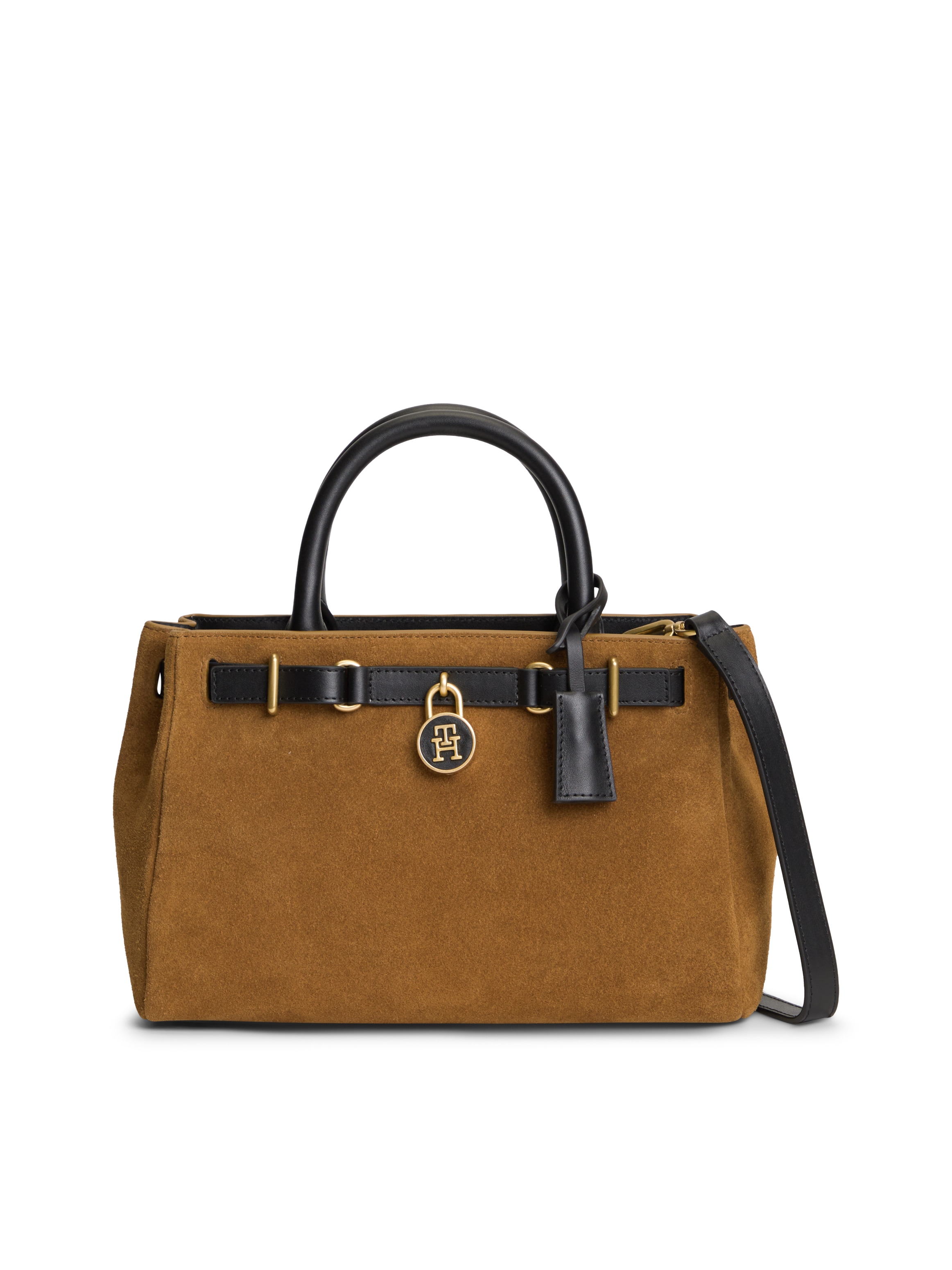 Tommy Hilfiger Handtasche "AMERICAN ICON MINI TOTE SUEDE LE" Damen Schultertasche, Umhängetasche mit TH-Schloss-Schmuckanhgänger