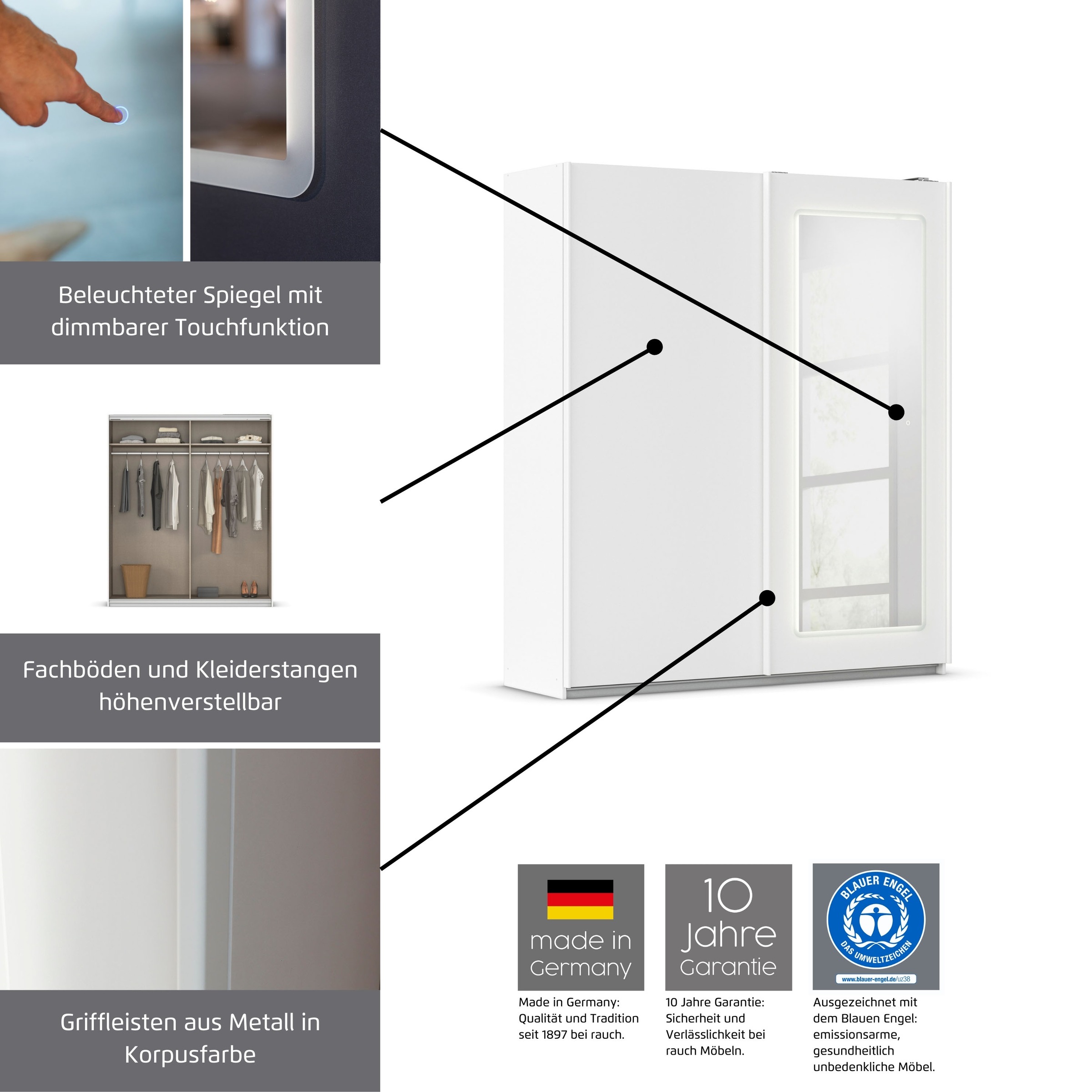 rauch Schwebetürenschrank »Kleiderschrank Schrank Garderobe Wäscheschrank ABRAXXAS«, mit Spiegel und integrierter dimmbarer LED-Beleuchtung MADE IN GERMANY