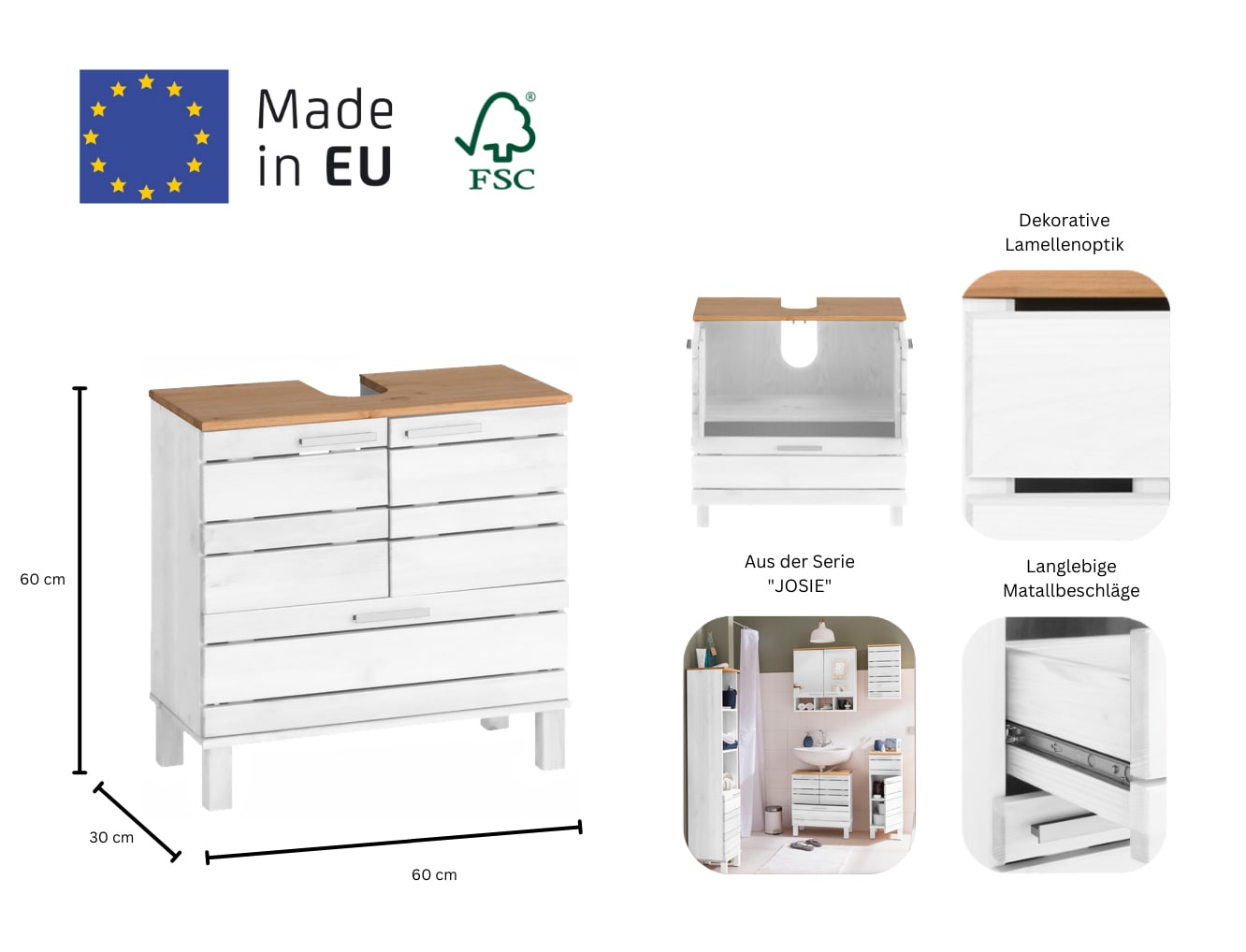 Home affaire Waschbeckenunterschrank »JOSIE«, Breite 60, aus Massivholz, Metallgriffe, 1 Schublade & 2 Türen