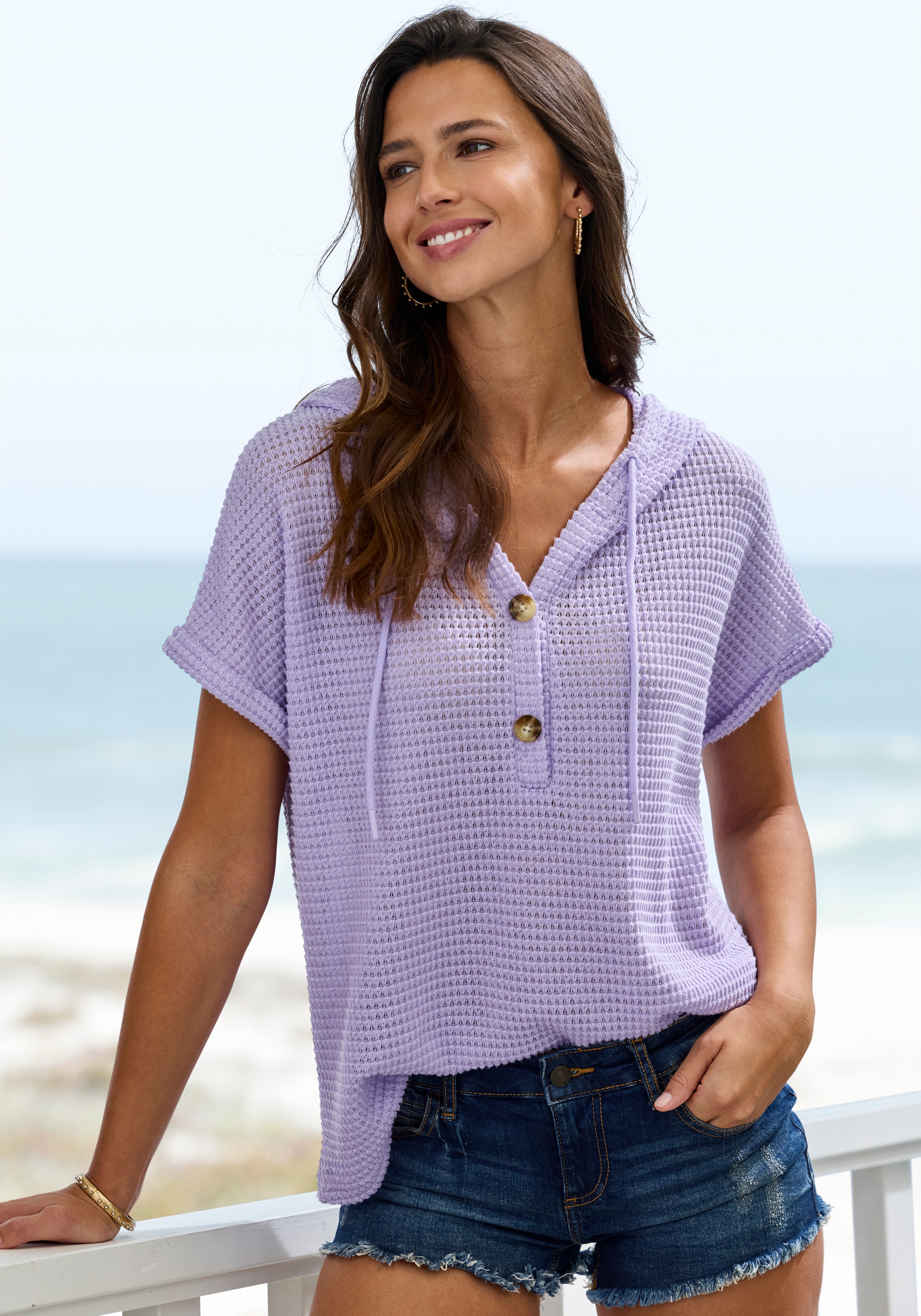 LASCANA Kapuzenshirt "aus sommerlichem Waffelstrick" Sommerhoody mit Knopfleiste