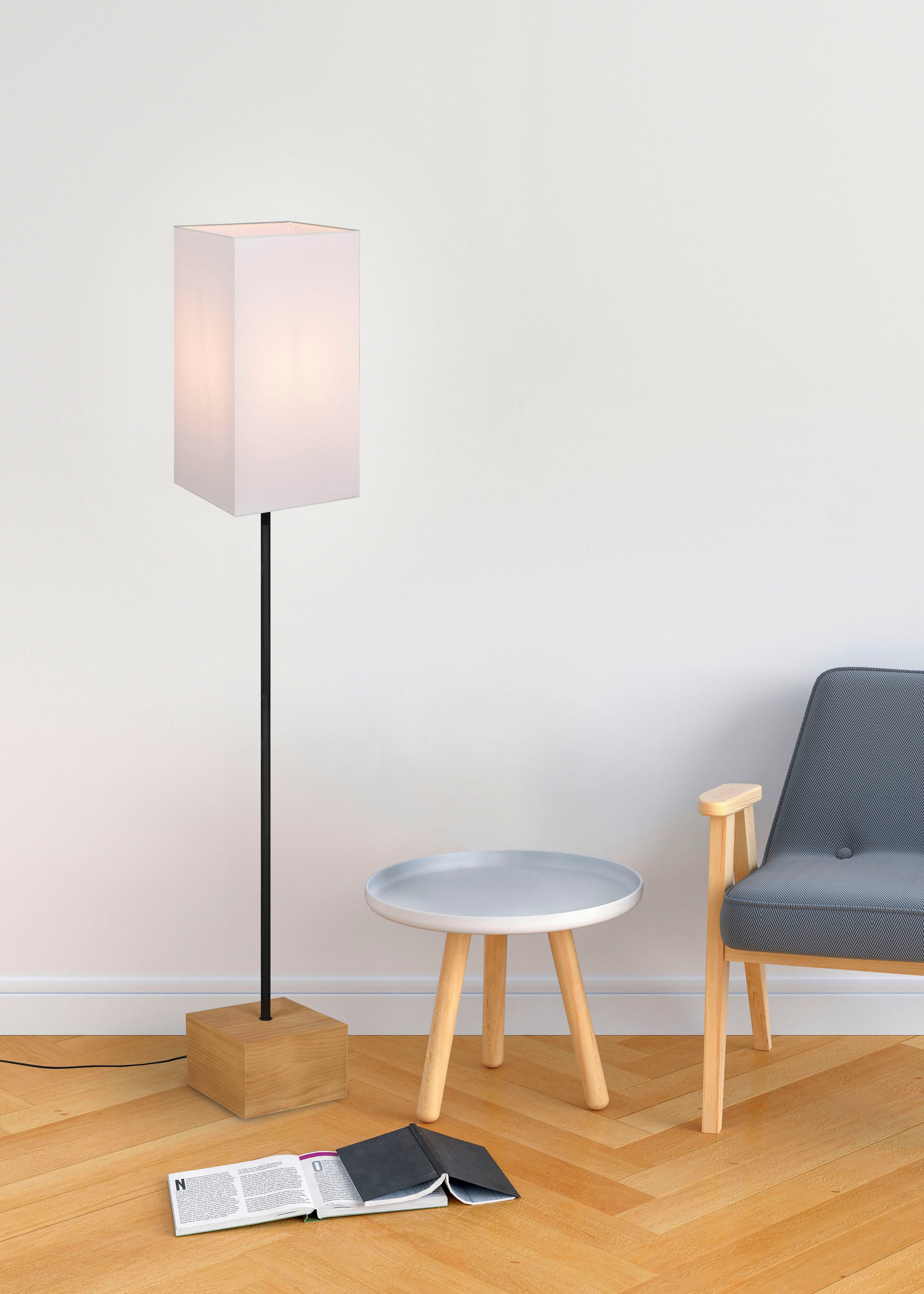TRIO Leuchten Stehlampe »Woody«, 1 flammig, Leuchtmittel E27 | ohne Leuchtmittel, Holz Stehleuchte Stoffschirm Fußschalter exkl 1xE27 max 60W Höhe 150cm
