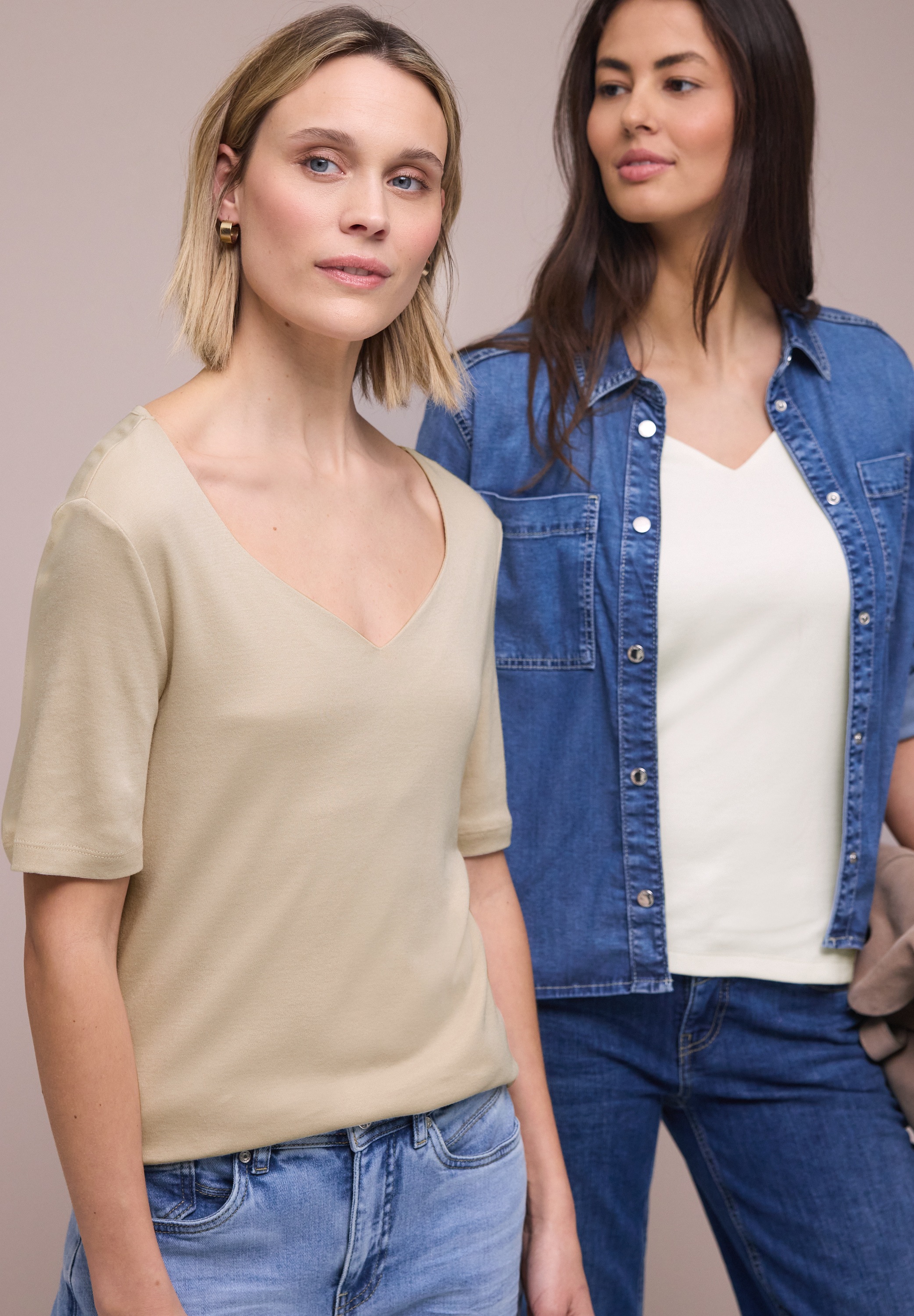 T-Shirt STREET ONE, Damen, Gr. 44, sanftes weiß, cotton beige, Web, 50% Baumwolle, 50% Modal, unifarben, normal normal, Rundhals, abgesteppt, Shirts T-Shirt, im soften Baumwoll-Mix