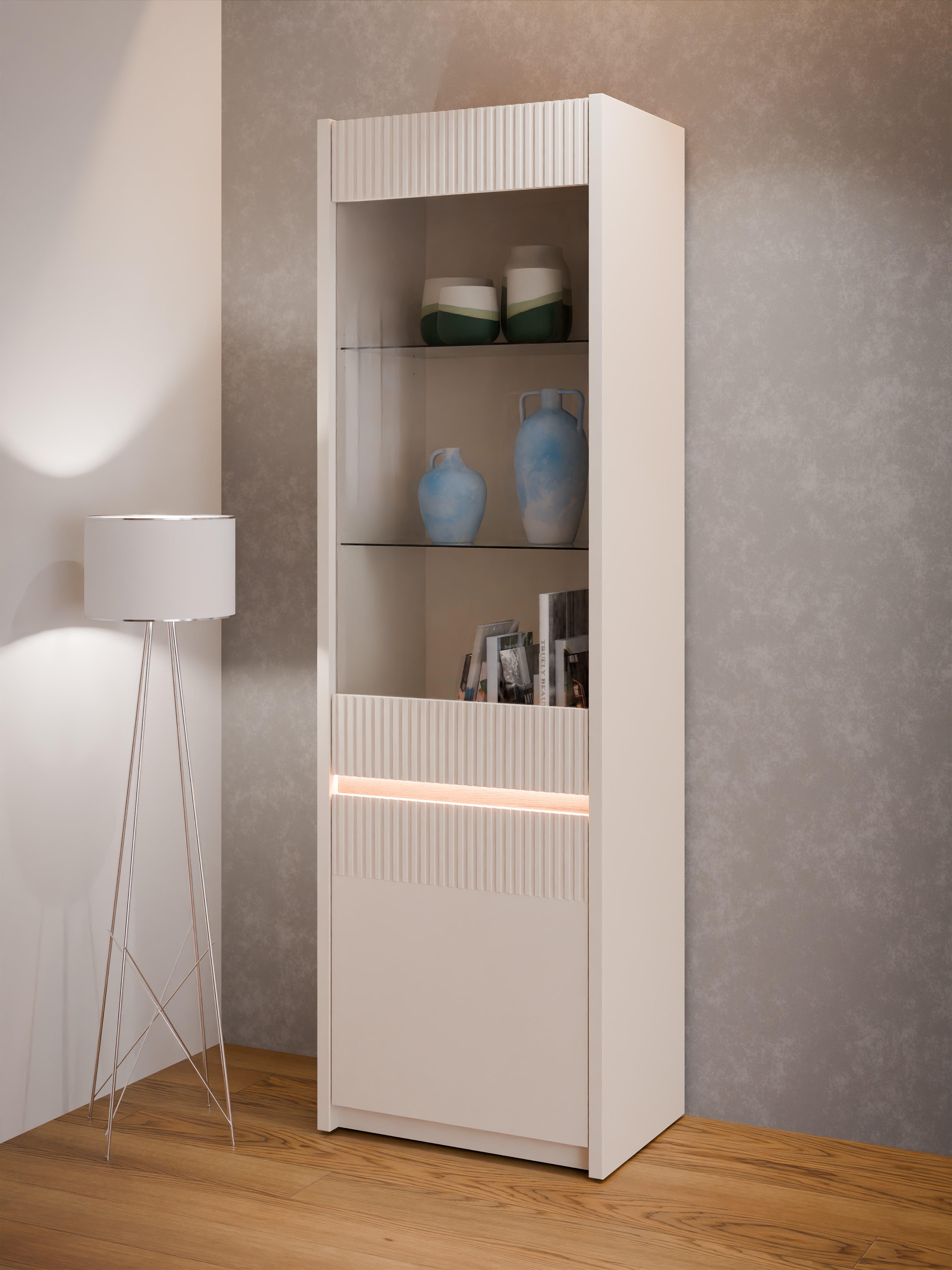 FORTE "Oak Squere Vitrine, Soft Close" B/H/T 60,6/197,9/41,5 cm, Beleuchtung, Glastüre, grifflos