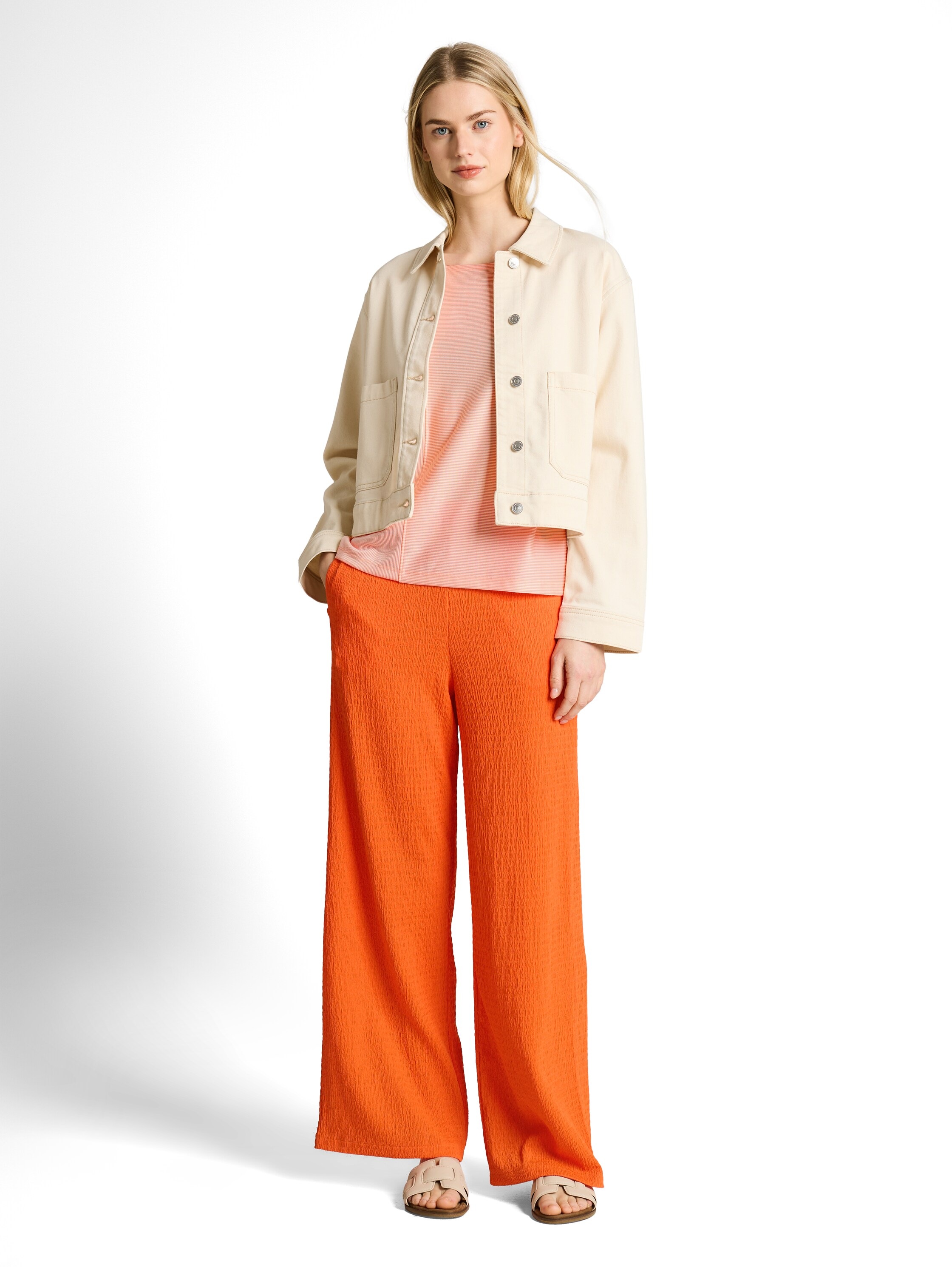 Rundhalsshirt TOM TAILOR DENIM, Damen, Gr. XL, small apricot weiß, Web, Obermaterial: 58% Viskose, 38% Polyester, 4% Elasthan, geringelt, gestreift, normal taillenlang, Rundhals, Shirts Rundhalsshirt, Ärmellos im Streifen-Look 3