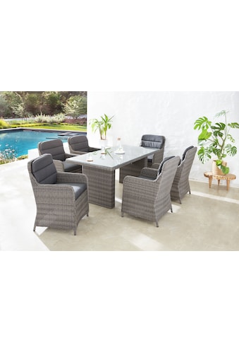 Garten-Essgruppe »Kairo«, (19 tlg., 6x Sessel, 1x Tisch 180x90x74 cm, Stahl/Polyrattan)