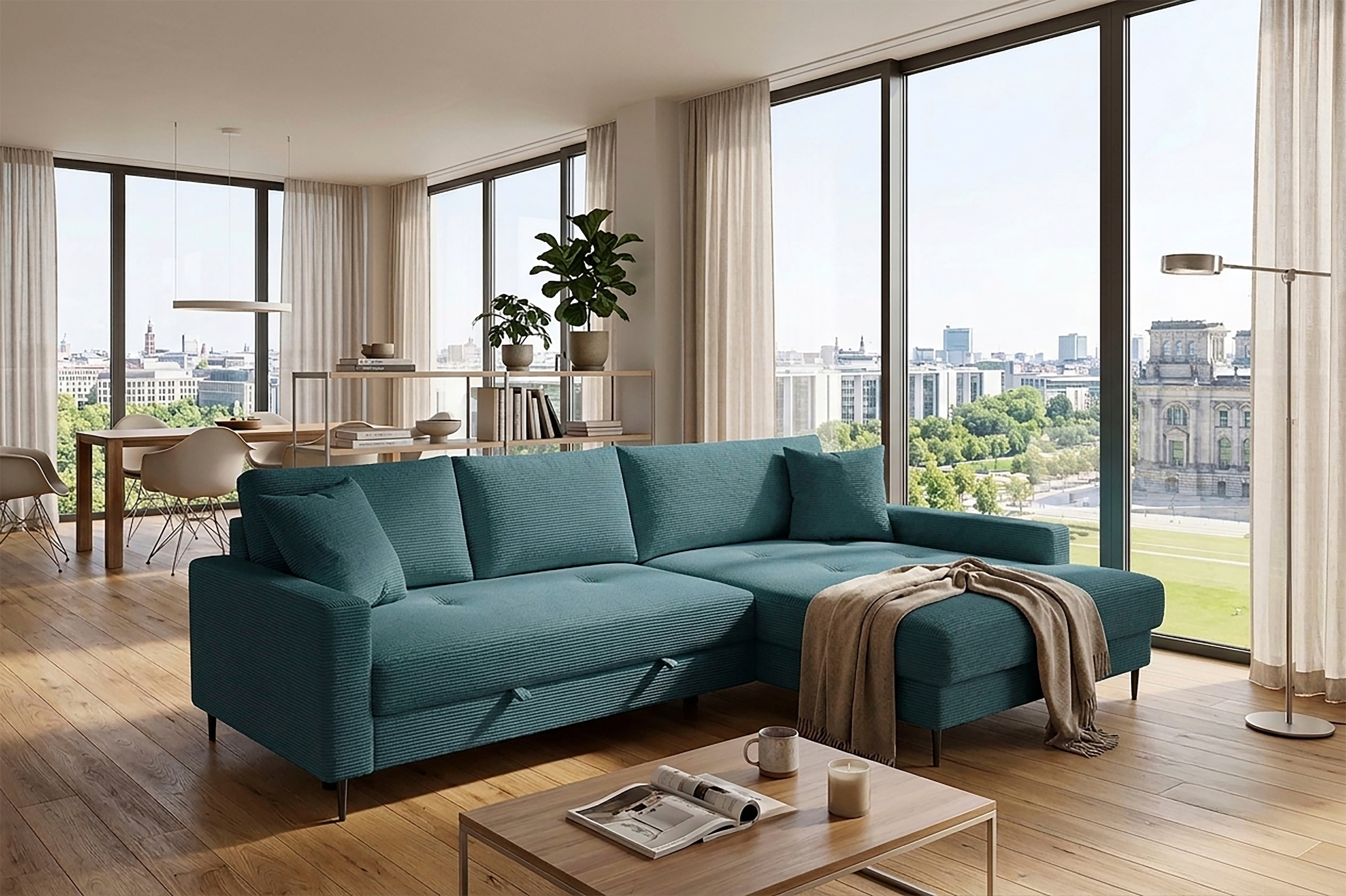 OTTO home Ecksofa "Summer L-Form, B: 284 cm, Schlaffunktion, 2 Zierkissen" optional mit Kopfstützen, Wellenfederung, frei stellbar