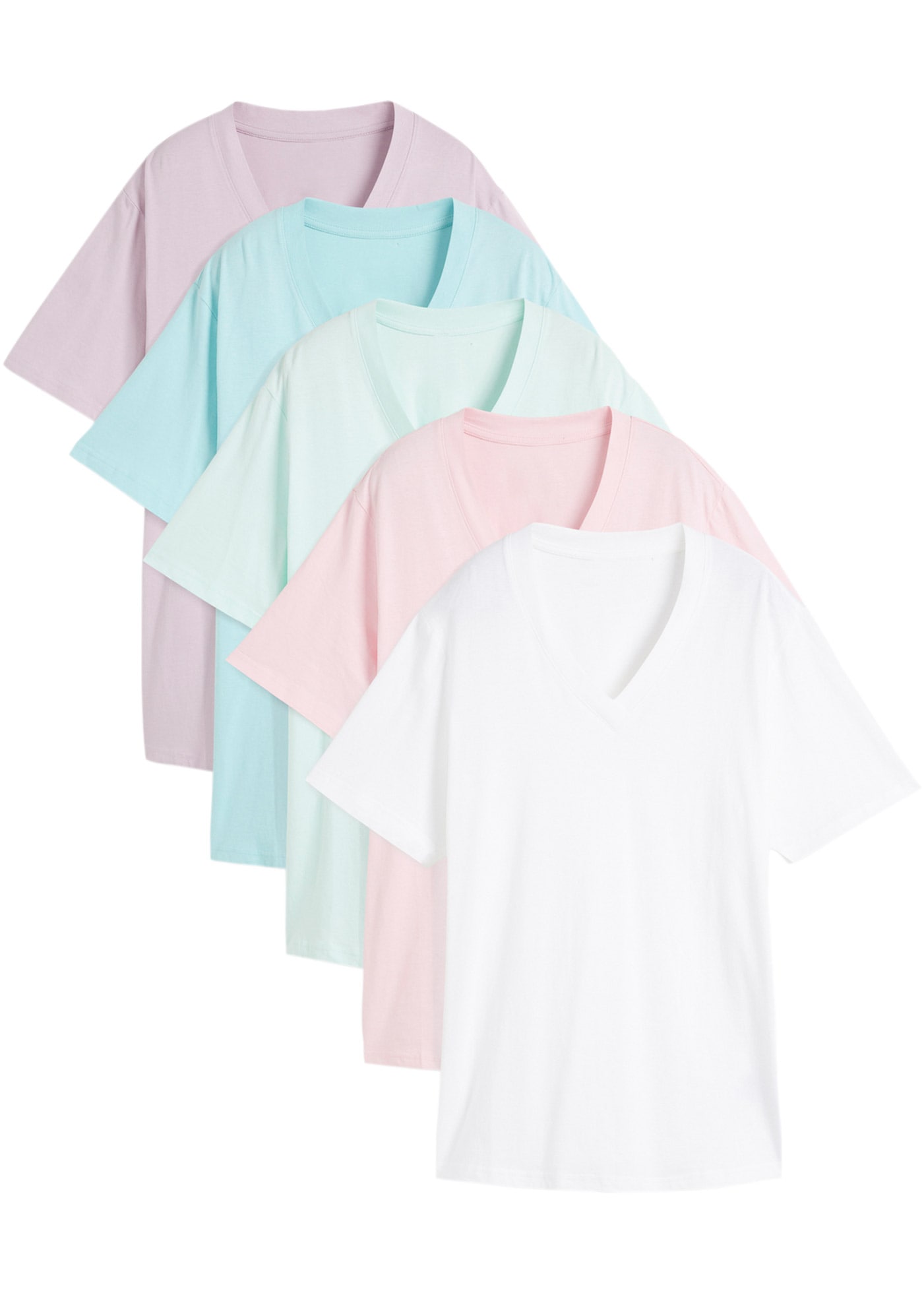bonprix "Weites Long-Shirt mit V-Ausschnitt, Kurzarm (5er Pack)" Packung, 5 tlg. lockere Passform, Kurzarm, mit V-Ausschnitt, unifarben