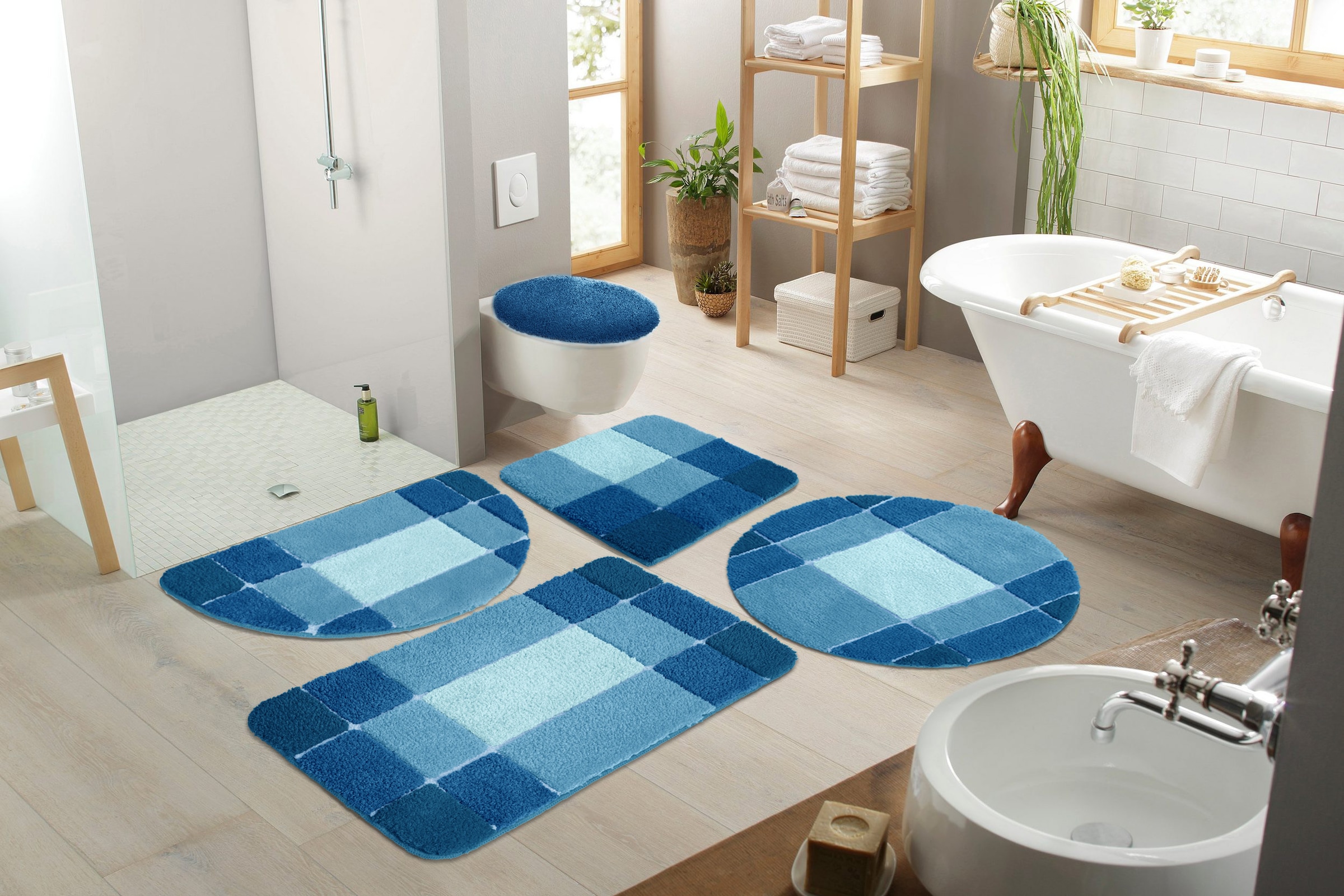 my home Badematte »Pia«, rutschhemmend beschichtet, strapazierfähig-fußbodenheizungsgeeignet-schnell trocknend, Badteppich, karierte Badematten, rechteckig, rund & als 3-tlg. Set