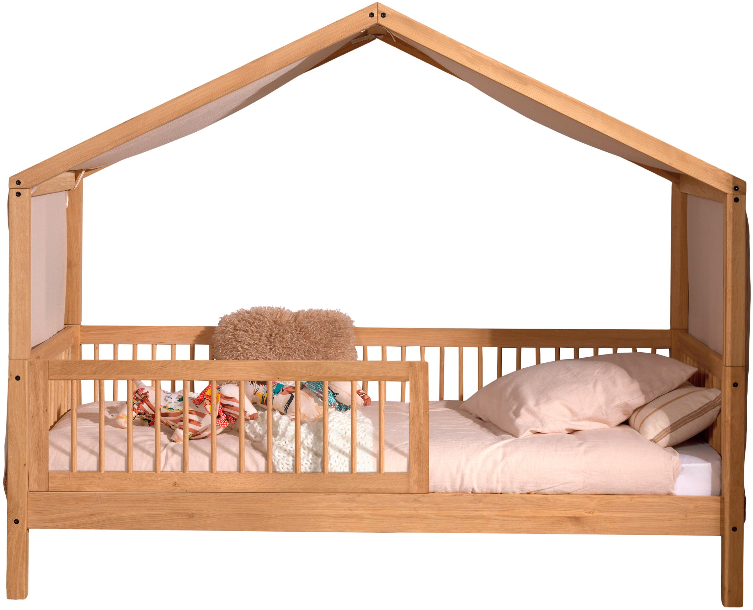 Vipack Hausbett "Forrest mit Dachaufbau, Rausfallschutz vorne und Textilhimmel" aus massiver Eiche geölt 90/200, wahlweise mit u. ohne Bettschublade