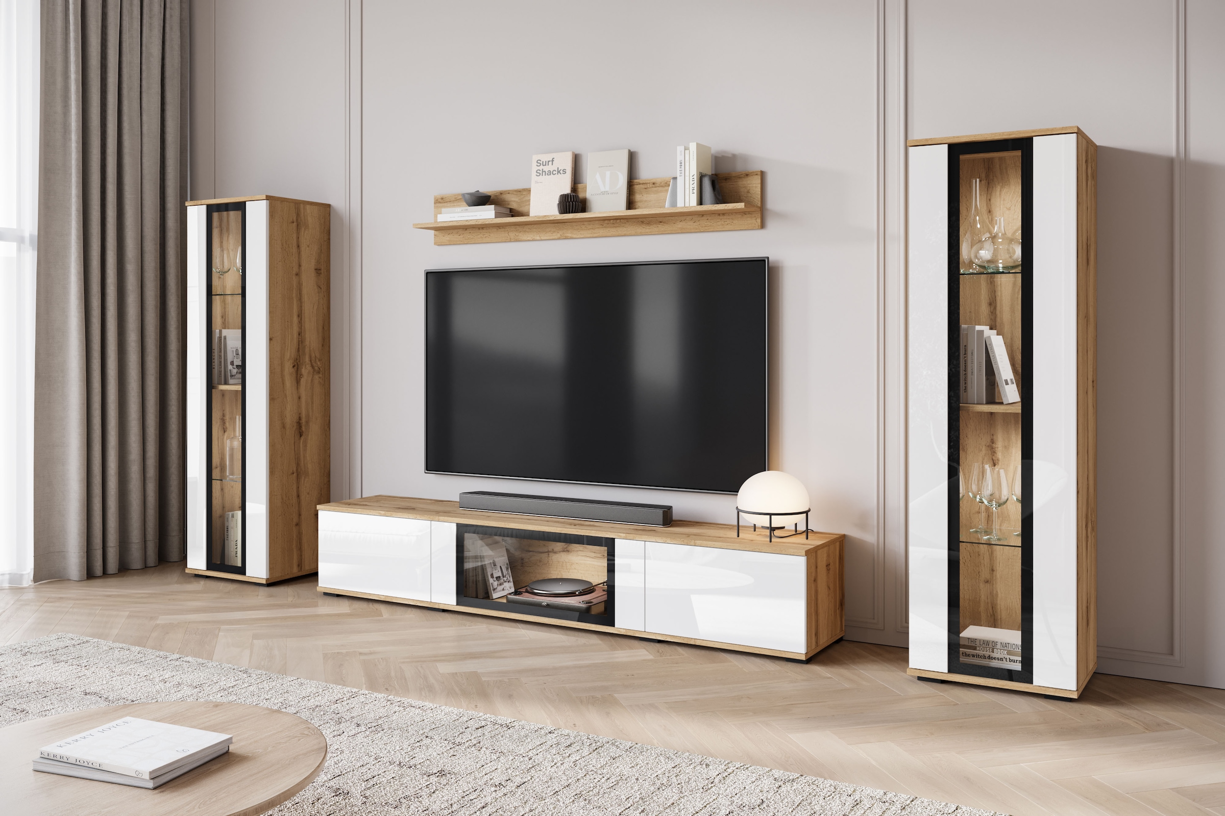 INOSIGN Wohnwand »Caro, stehend und hängend montierbar«, (Komplett-Set, 4 St., Vitrine Türanschlag links/rechts wechselbar), grifflose Design, höhenverstellbare Einlegeböden