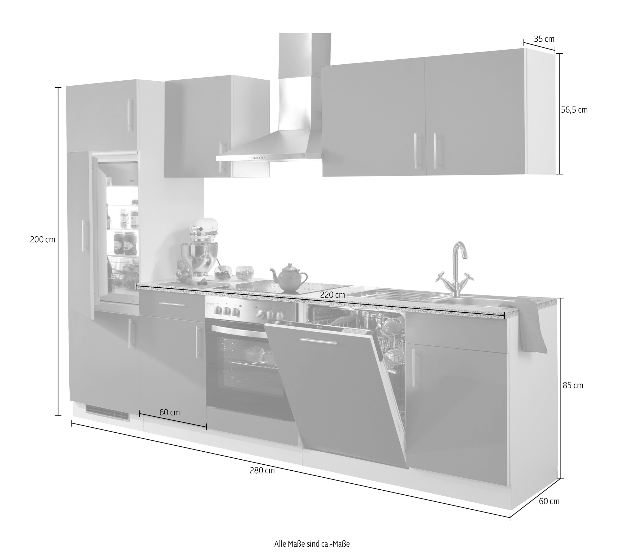 wiho Küchen Küchenzeile »Kiel«, mit E-Geräten, inkl. Geschirrspüler, Breite 280 cm