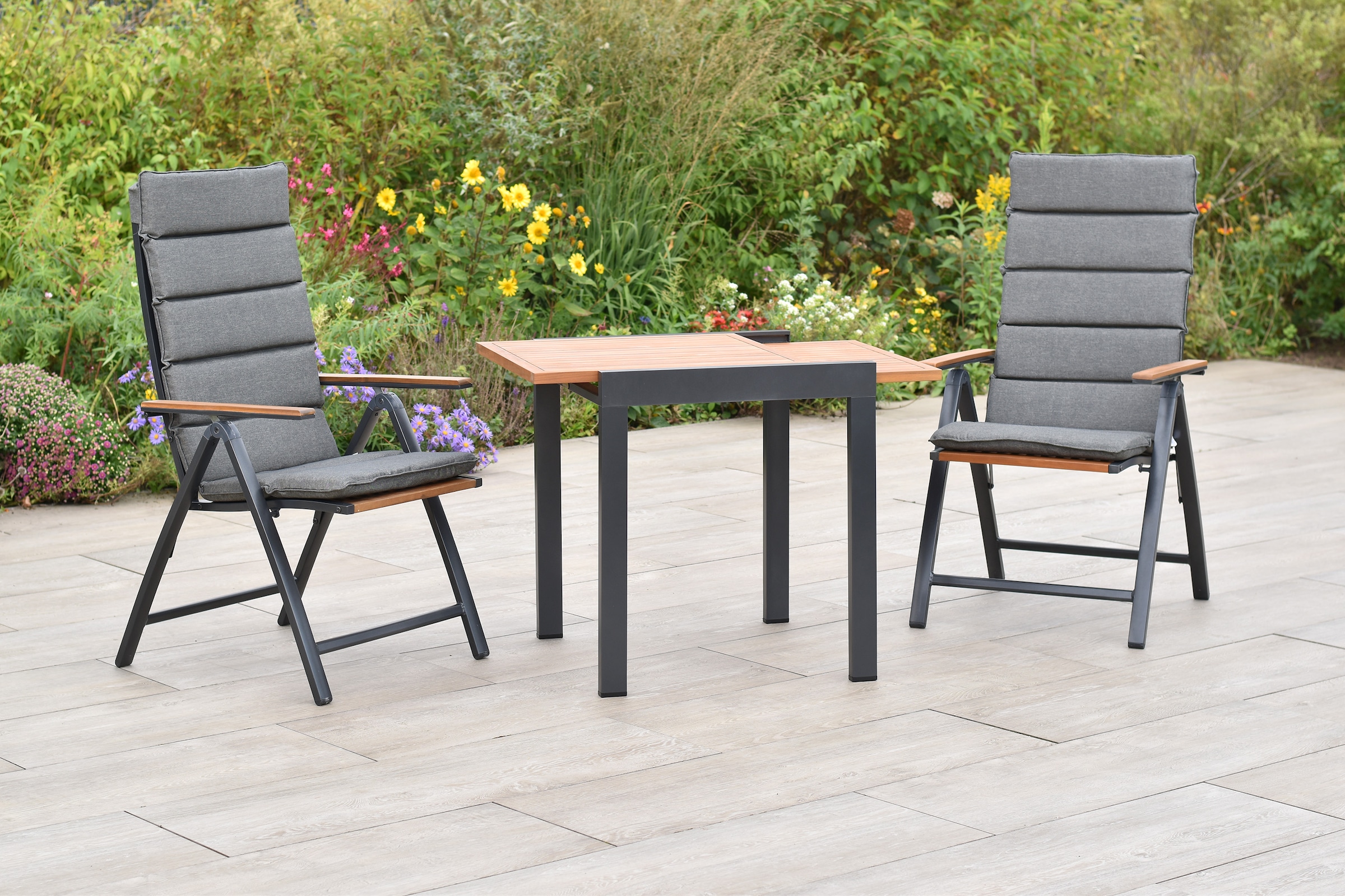 MERXX Balkonset »Athos« Set, 5 tlg. inkl. 2 Klappsessel, 2 Auflagen, 1 Balkonausziehtisch