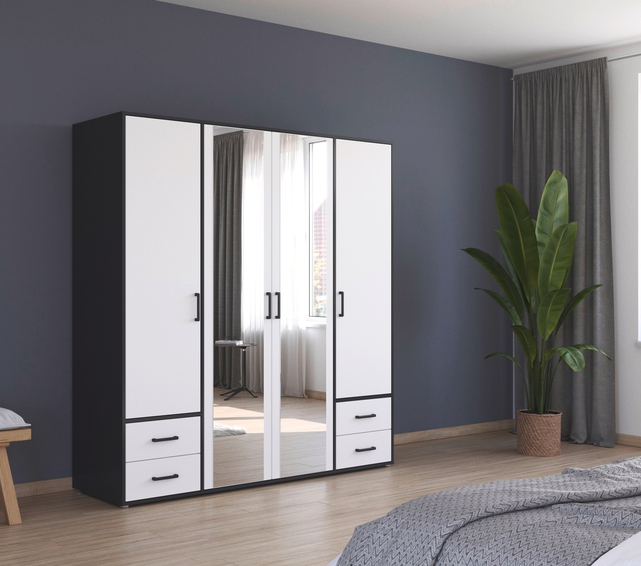 rauch Drehtürenschrank »Kleiderschrank Schrank Garderobe Wäscheschrank VOYAGER«, (in 3 verschiedenen Ausstattungen BASIC/CLASSIC/PREMIUM), mit modernen Griffen in Graumetallic, inkl. Schubkästen und Spiegel