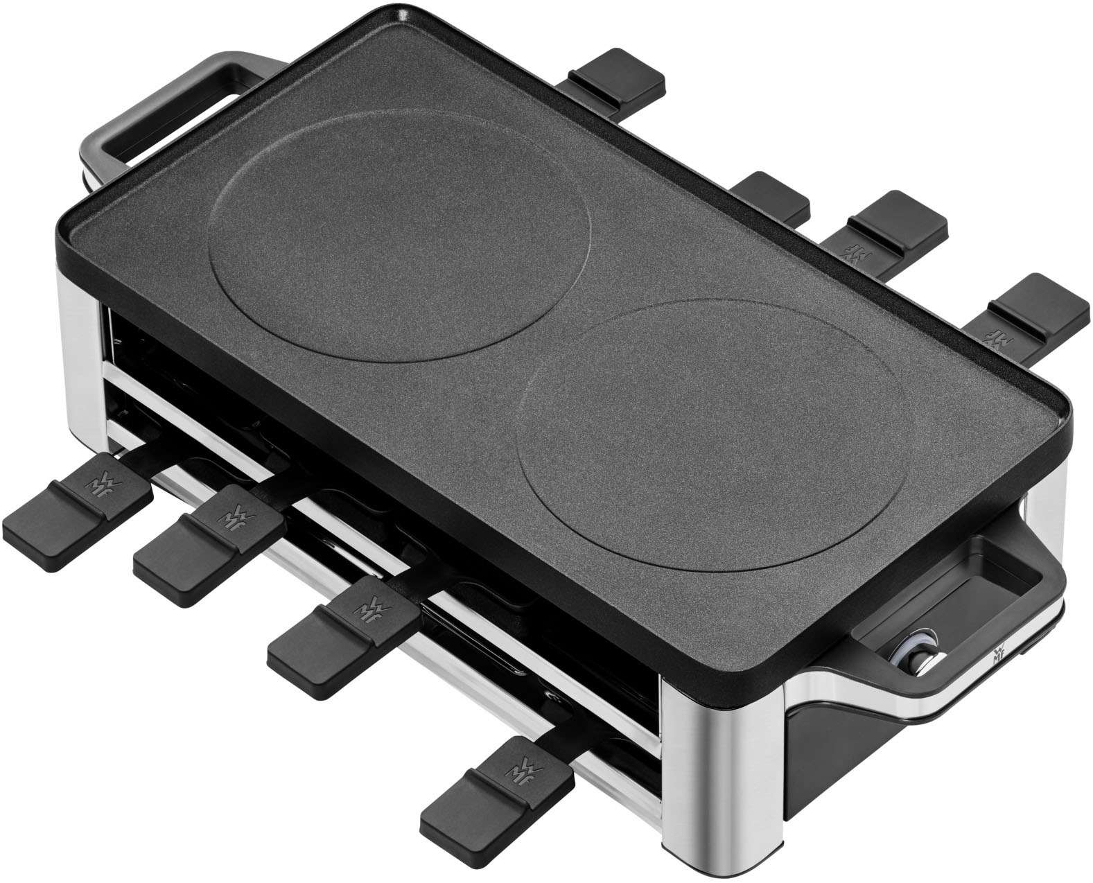 WMF Raclette »LONO, inkl. Parkebene für unbenutze Pfännchen«, 8 St. Raclettepfännchen, 1500 W, Spülmaschinengeeignete Pfannen und Spatel, antihaftbeschichtete Platte