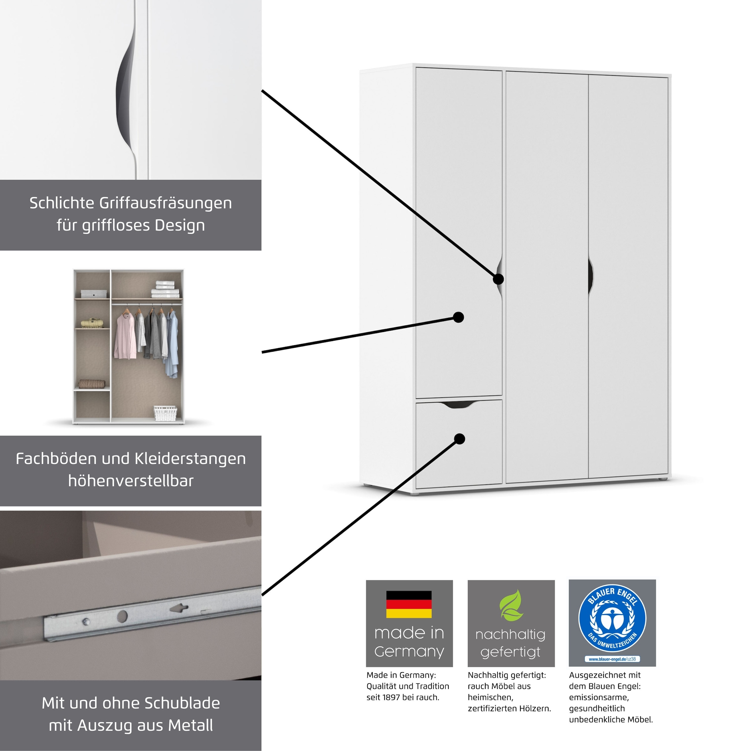 rauch Drehtürenschrank »Kleiderschrank Schrank Garderobe Wäscheschrank NARAI viel Stauraum«, (in 3 verschiedenen Ausstattungen BASIC/CLASSIC/PREMIUM), Griffausfräsungen für eine grifflose Optik TOPSELLER MADE IN GERMANY