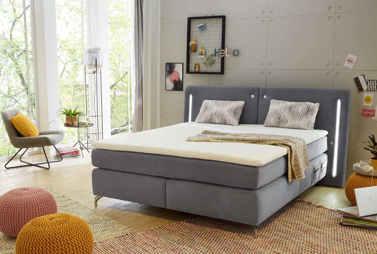 Jockenhöfer Gruppe Boxspringbett, mit LED-Beleuchtung, USB-Ladestation, Topper und Zierkissen