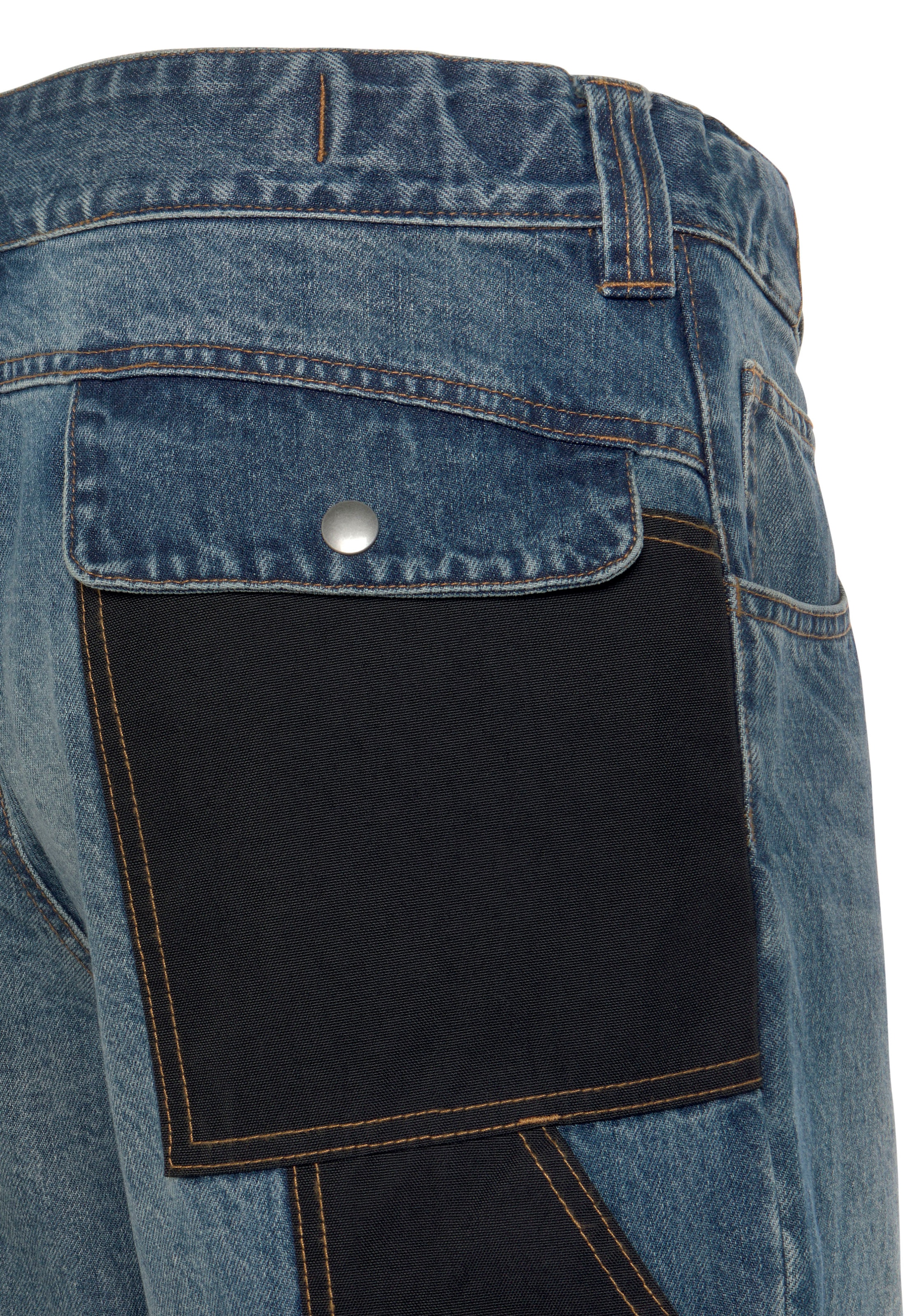 Northern Country praktischen »Multipocket Arbeitshose Jeans«, Baumwolle, Jeansstoff, mit Taschen, BAUR (aus comfort auf | 100% Bund, Cordura 9 Rechnung fit), aus robuster Knieverstärkung dehnbarem