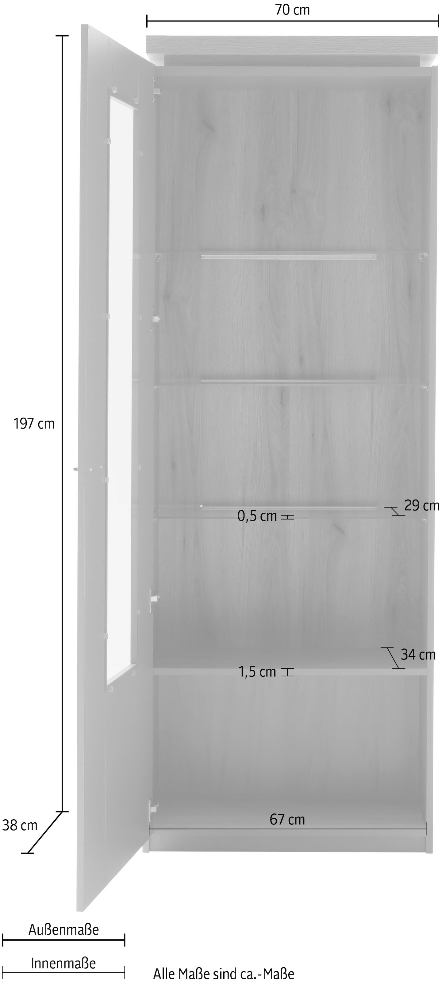 MCA furniture Vitrine »Moniz Vitrine«, (1 St.), Standvitrine, Hochschrank,Metallgriffe, Höhe 197 cm, 1 Tür