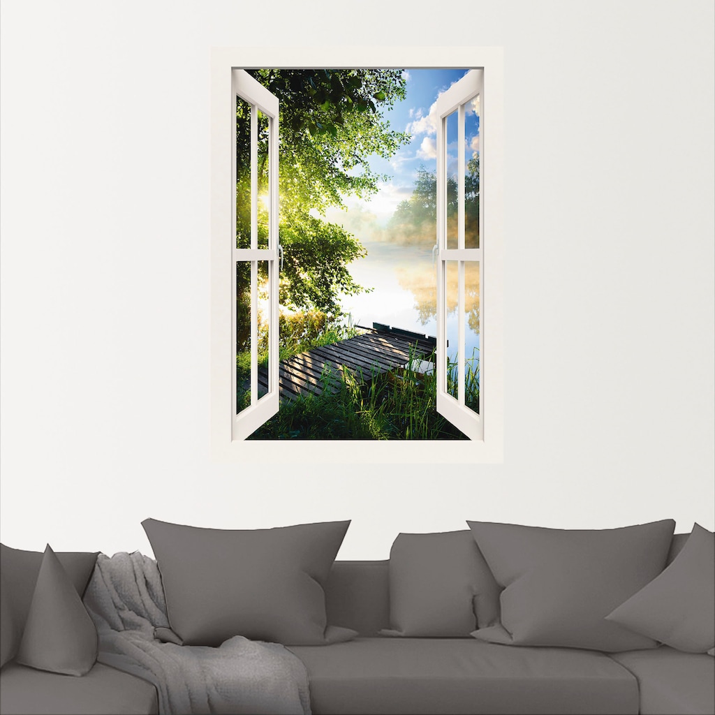 Artland Wandbild »Fensterblick Angelsteg am Fluss«, Fensterblick, (1 St.)