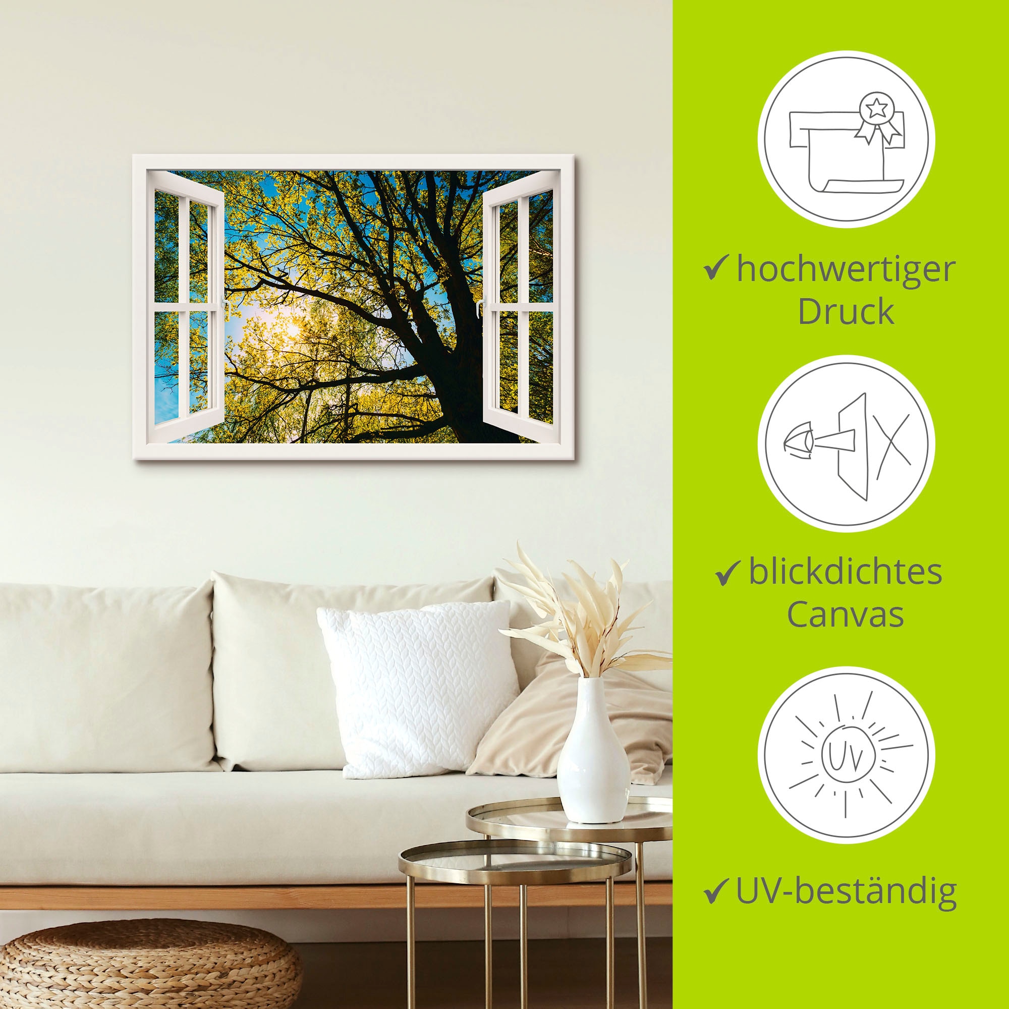 Artland Wandbild »Fensterblick Frühlingssonne Baumkrone«, Bäume, (1 St.), als Leinwandbild, Poster in verschied. Größen