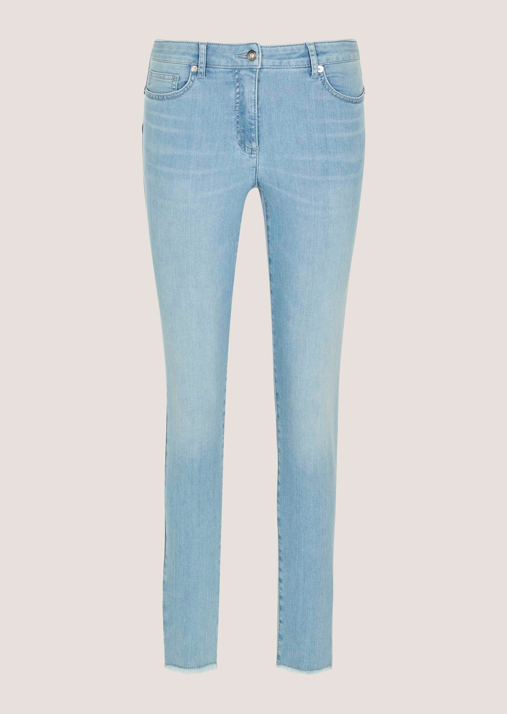 MADELEINE Regular-fit-Jeans "Jeans Skinnyjeans mit Formbund" Fransensaum