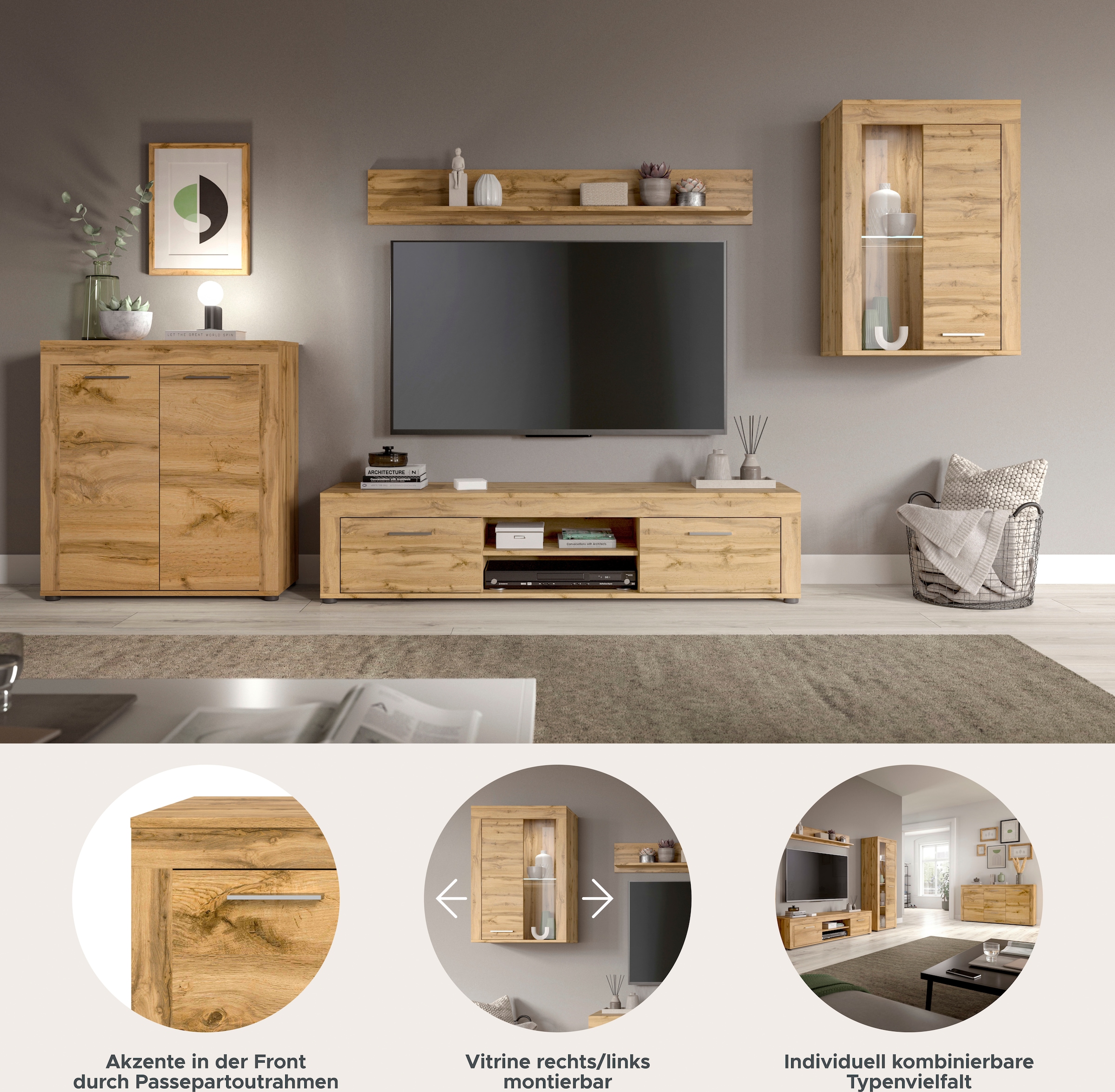 INOSIGN Wohnwand »Aosta, 4-tlg., best. aus: Highboard, Lowboard, Wandboard & Vitrine«, (4 St.), Wohnwand, Kombination, Anbauwand, Möbel Set, Schrankwand, Möbel Kombi