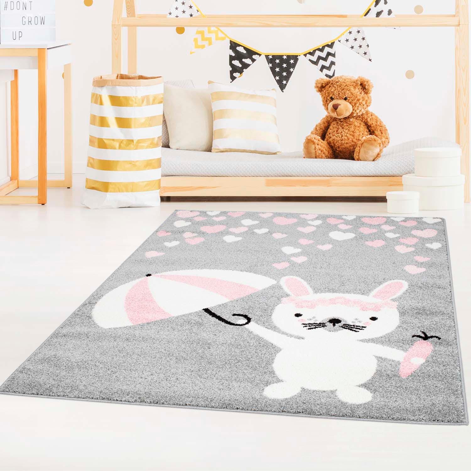 Carpet City Kinderteppich »Bubble Kids 1318«, rechteckig, Spielteppich, Hase, Herzen, Weicher Flor, Pflegeleicht, Kinderzimmer