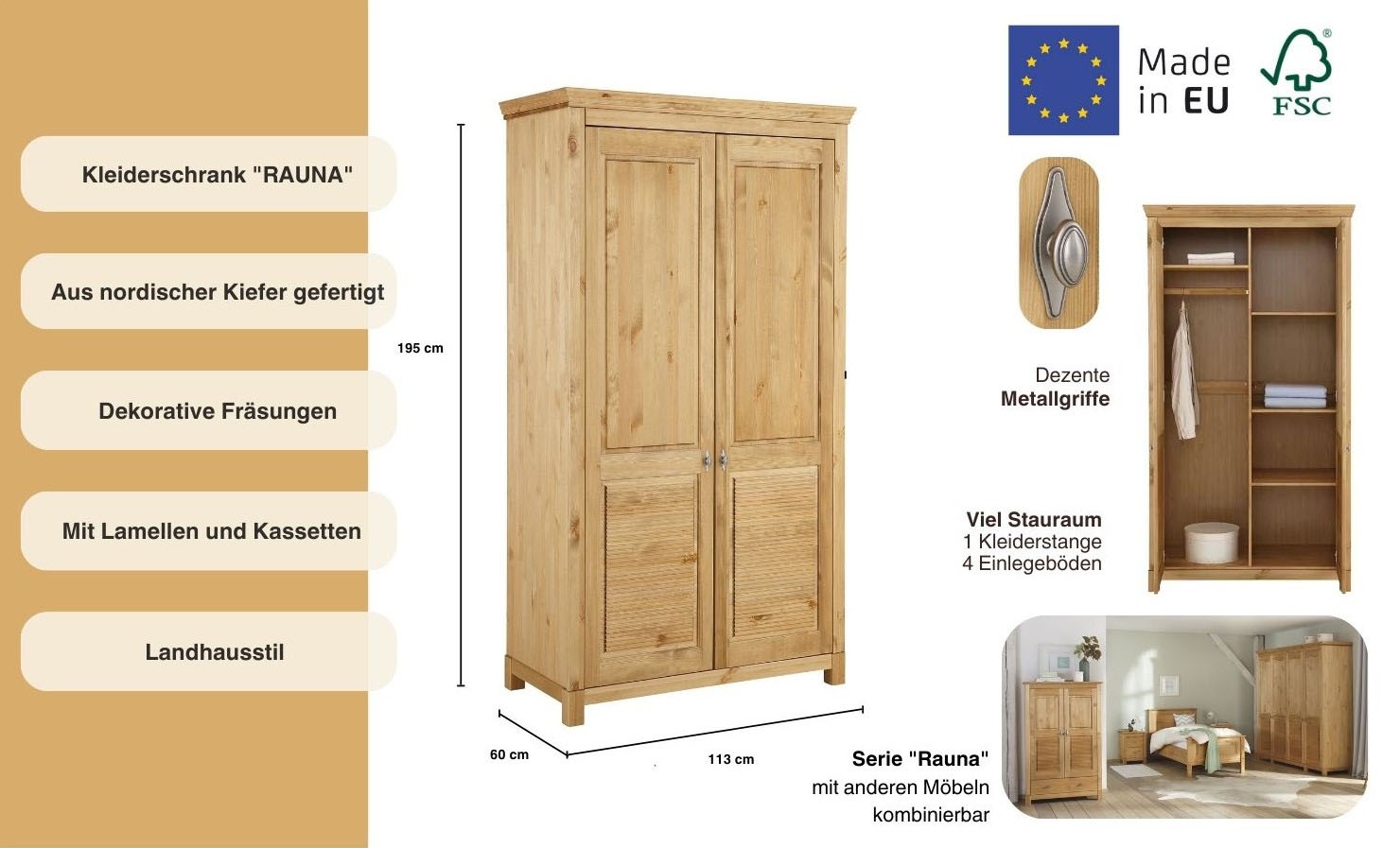 Thumbnail - Home affaire Kleiderschrank "Rauna, mit Lamellen und Kassetten, klassischer Landhausstil, rustikal", (2 Breiten: 113/159...
