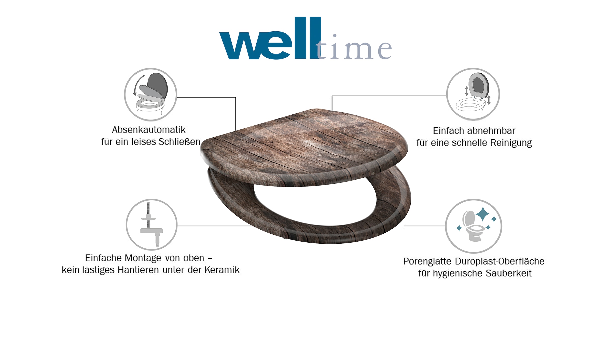 welltime WC-Sitz »Used Wood«, abnehmbar, Absenkautomatik, bruchsicher, kratzfest, Schnellverschluss