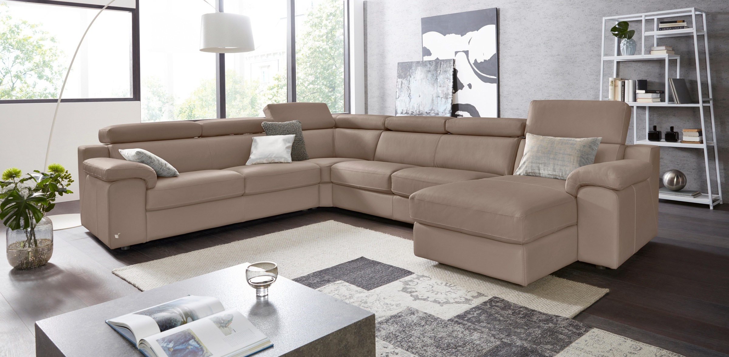 CALIA ITALIA Wohnlandschaft "CS Mambo, U-Form, Familiensofa, bequem und zeitlos" in Leder, inklusive Kopfteilverstellung