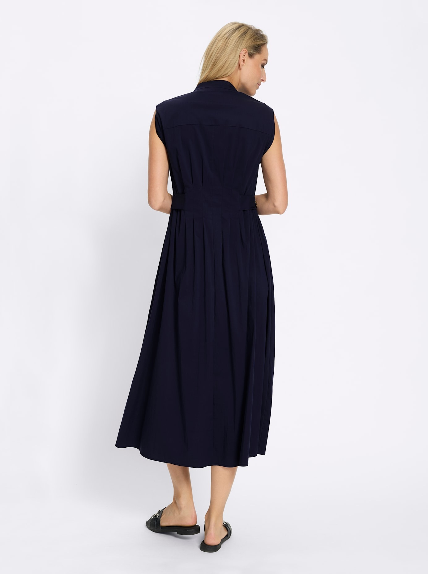 Sommerkleid HEINE "Kleid", Damen, Gr. 42, Normalgrößen, marine, 68% Baumwolle, 29% Polyamid, 3% Elasthan, unifarben, lang, Rundhals, Kleider Sommerkleid 2