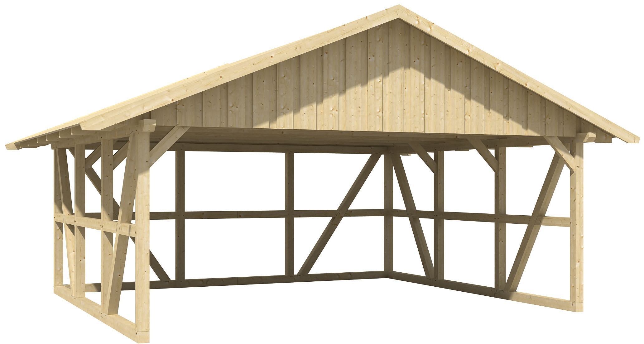 Skanholz Doppelcarport "Schwarzwald", KVH-Fichte, 560 cm, Natur, mit Rückwand, mit Dachschalung