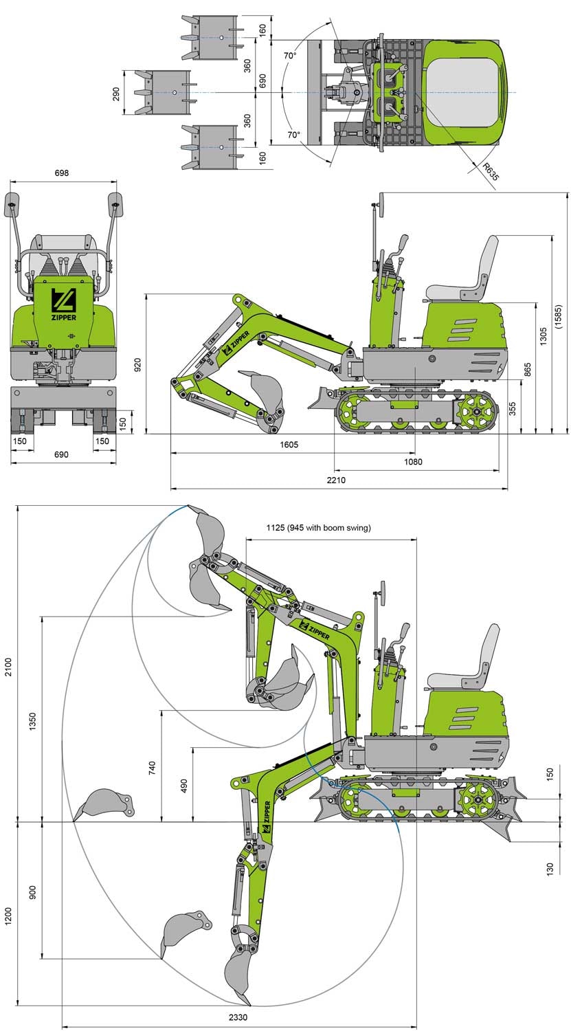 ZIPPER Minibagger Set,  6,3 kW Benzinmotor mit Elektrostarter
