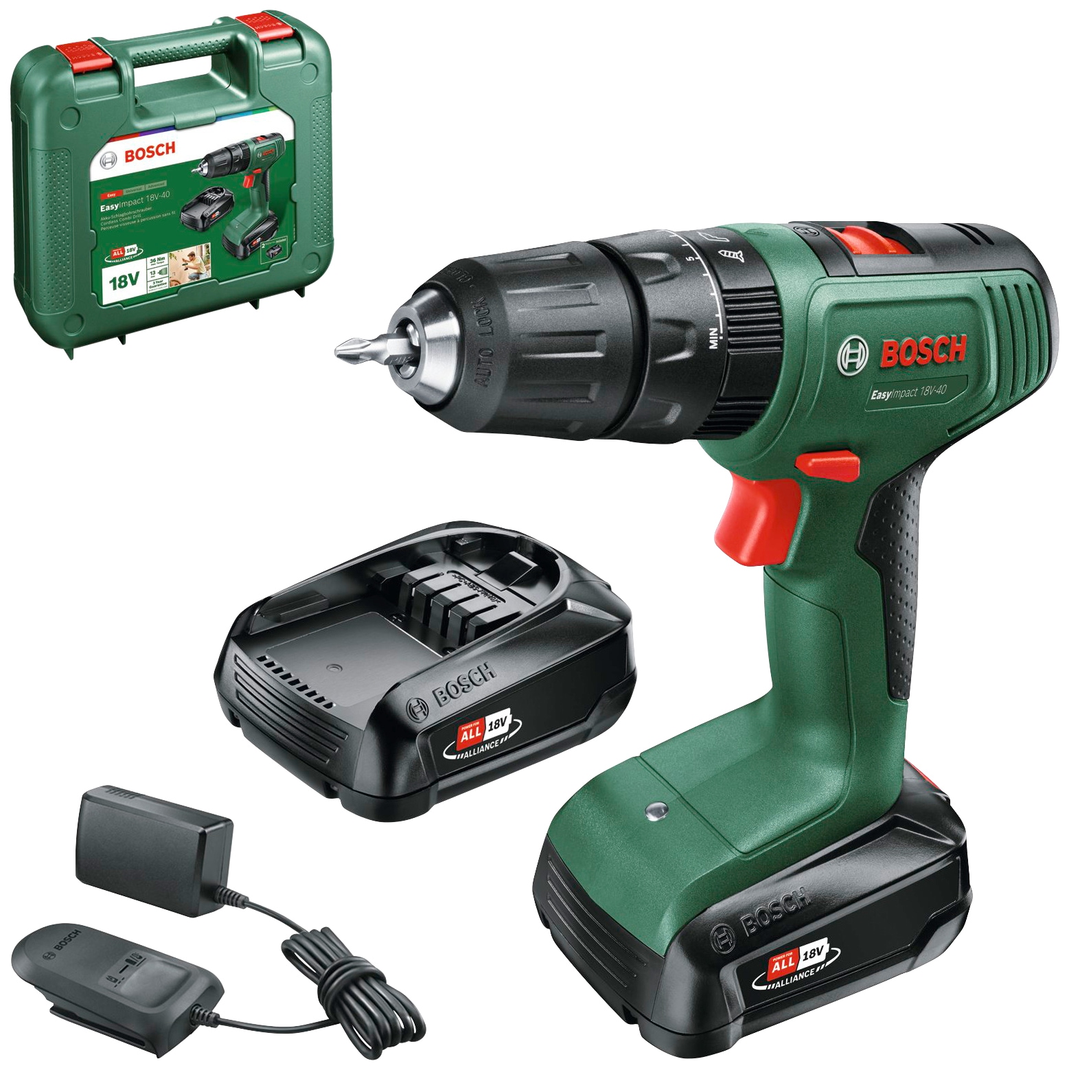 Bosch Home & Garden Akku-Schlagbohrschrauber "EasyImpact 18V-40", Inkl. Koffer, mit 2 Akkus 18V/2Ah und Ladegerät