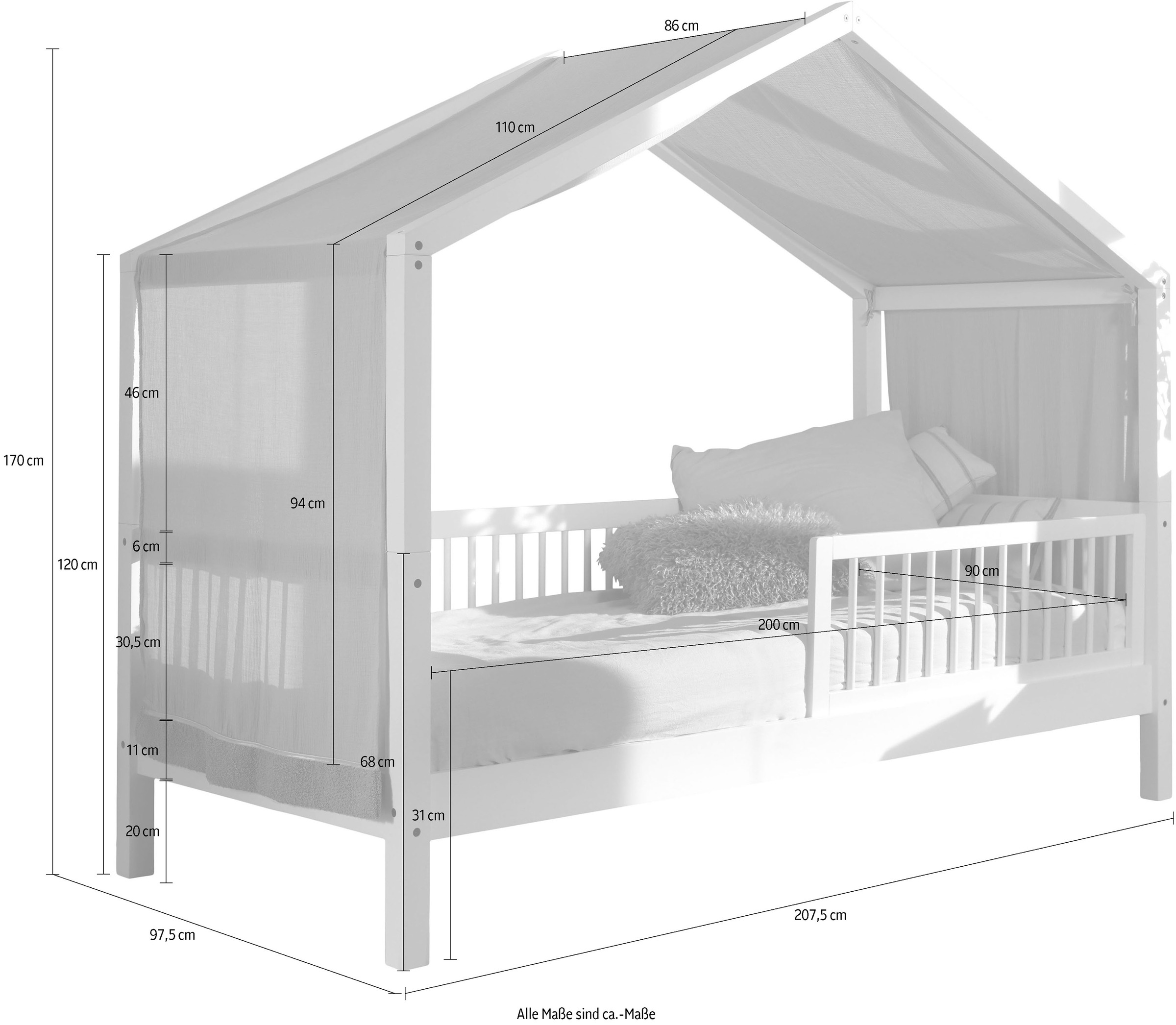 Home affaire Hausbett »Forrest 90/200 aus massiver Buche, weiß mit Rausfallschutz vorne«, inkl. Sprossenumrandung, m. Textilhimmel, mit und ohne Bettschublade